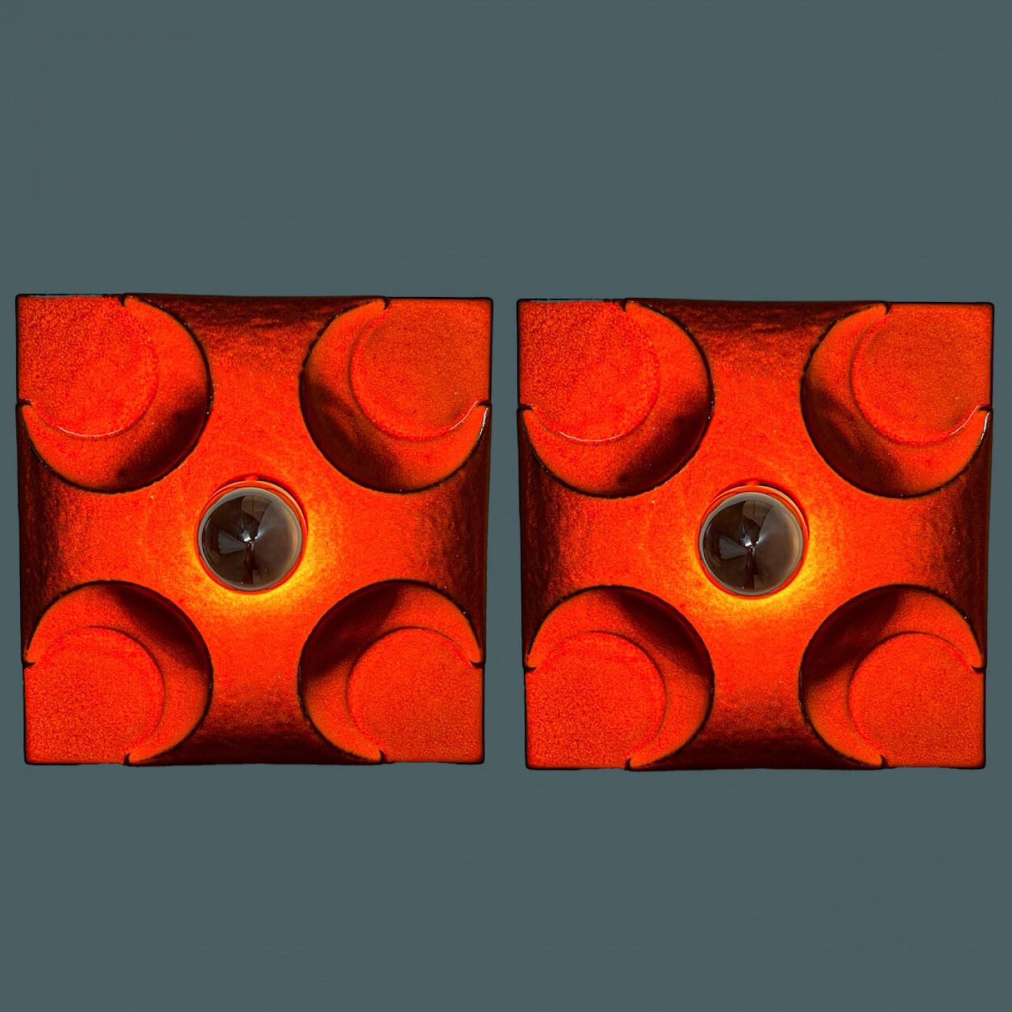 Pair of Orange Square Ceramic Wall Lights, Germany, 1970 For Sale 2