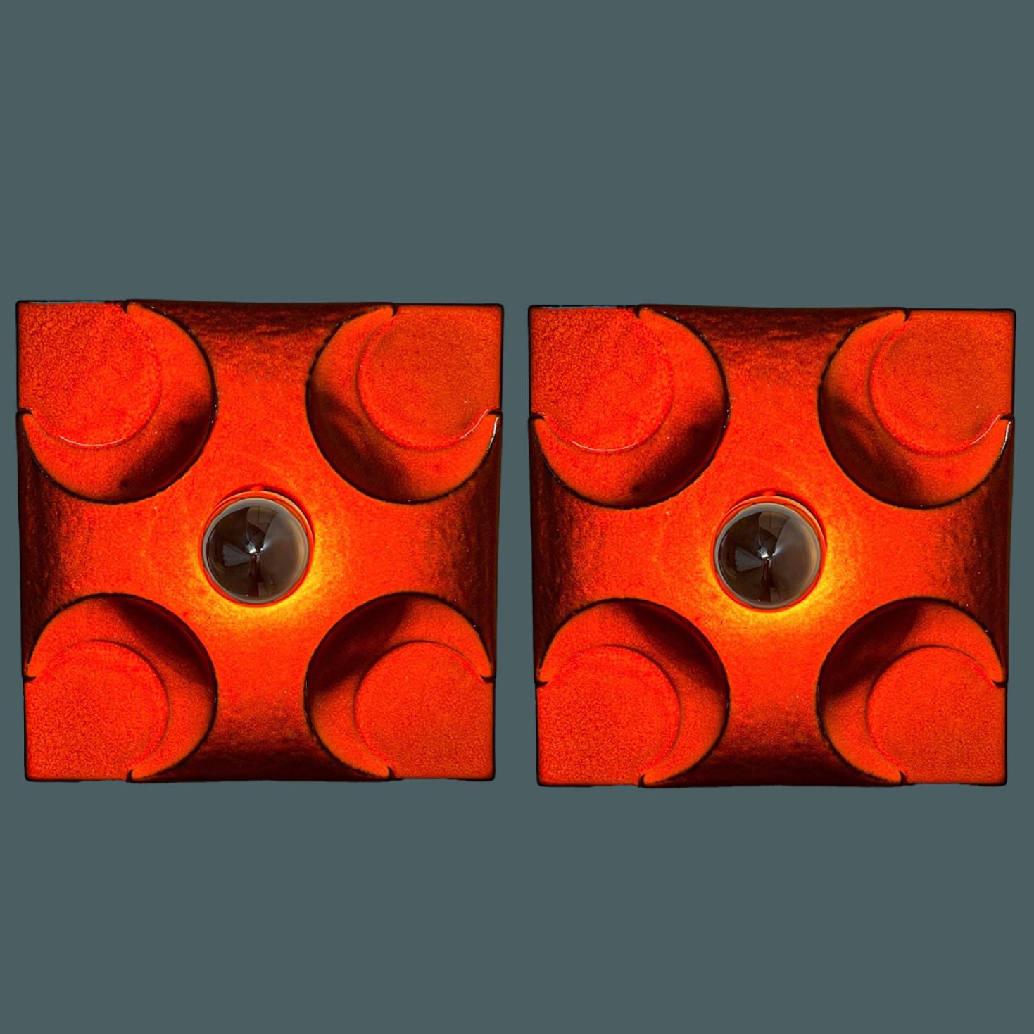 Pair of Orange Square Ceramic Wall Lights, Germany, 1970 For Sale 3