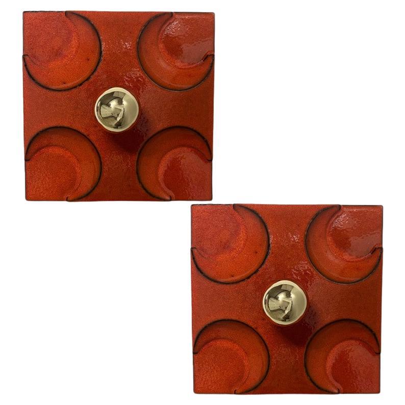 Pair of Orange Square Ceramic Wall Lights, Germany, 1970 For Sale