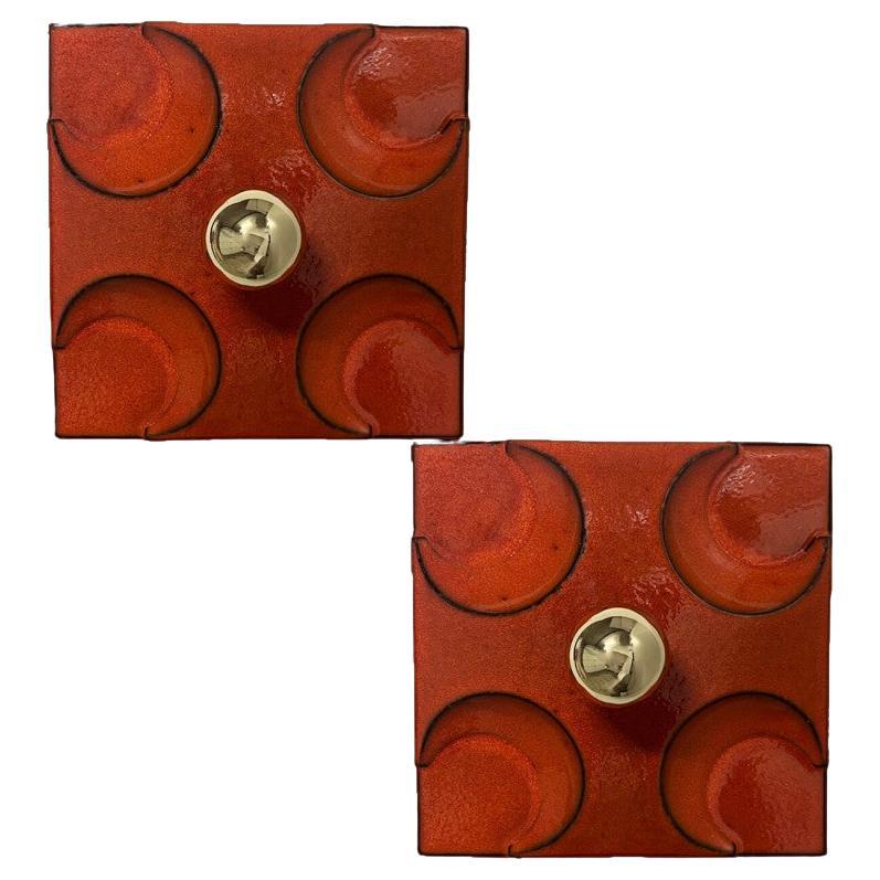 Pair of Orange Square Ceramic Wall Lights, Germany, 1970 For Sale