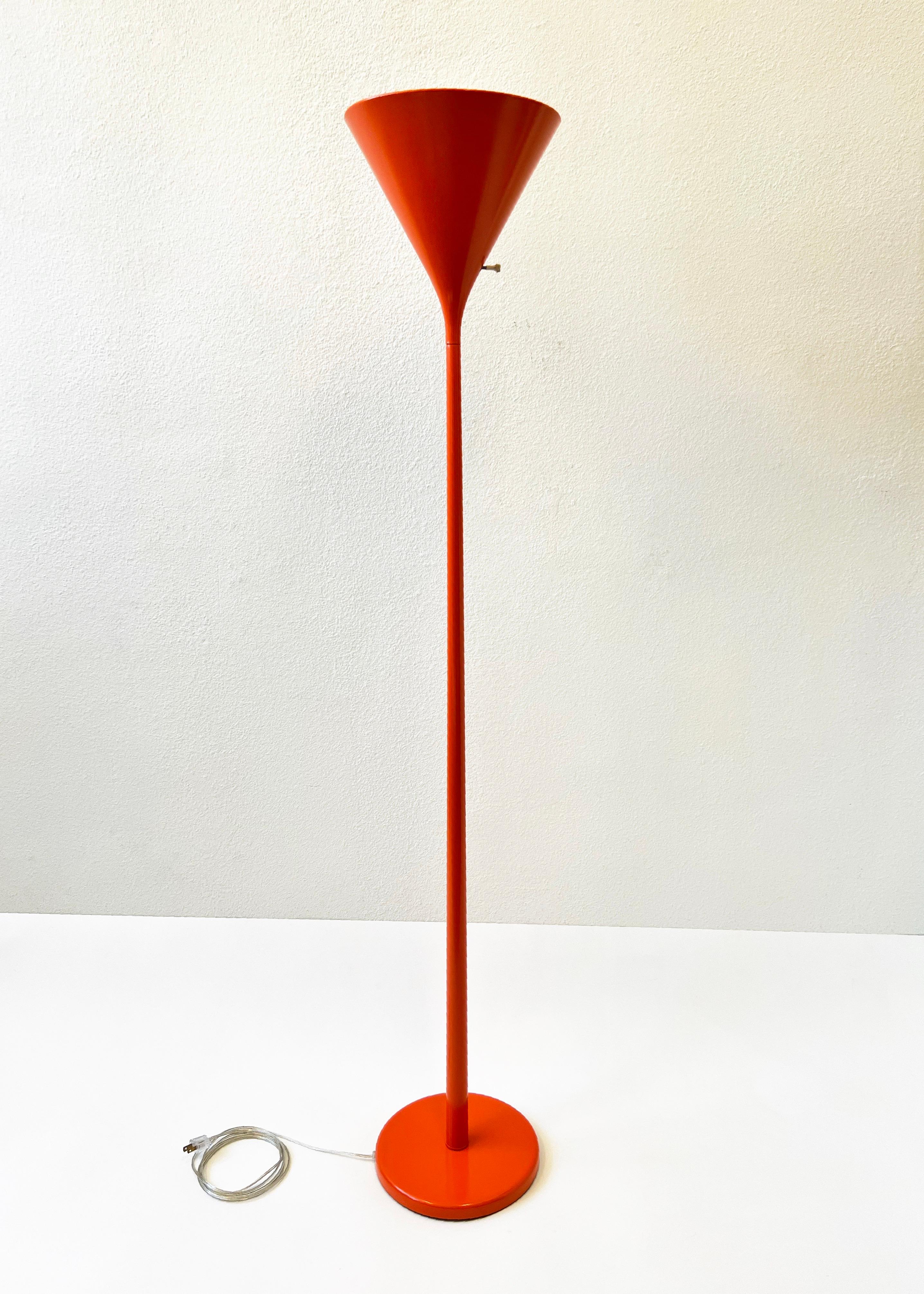 Mid-Century Modern Pair of Orange Torchiere Floor Lamps by Walter Von Nessen