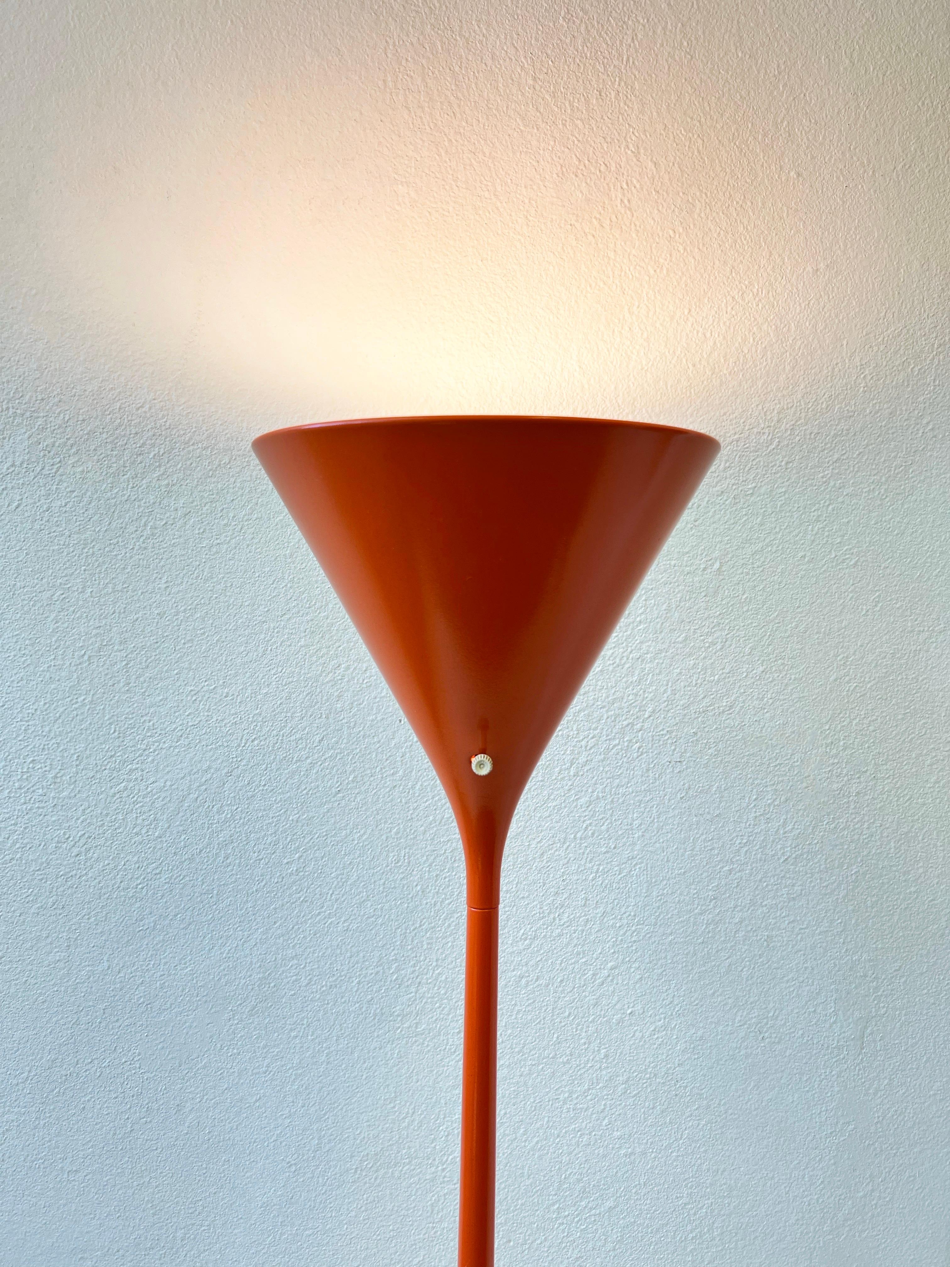 Powder-Coated Pair of Orange Torchiere Floor Lamps by Walter Von Nessen