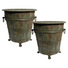 Pair of orange tree planters in oak, iron and cast iron, France, circa 2020