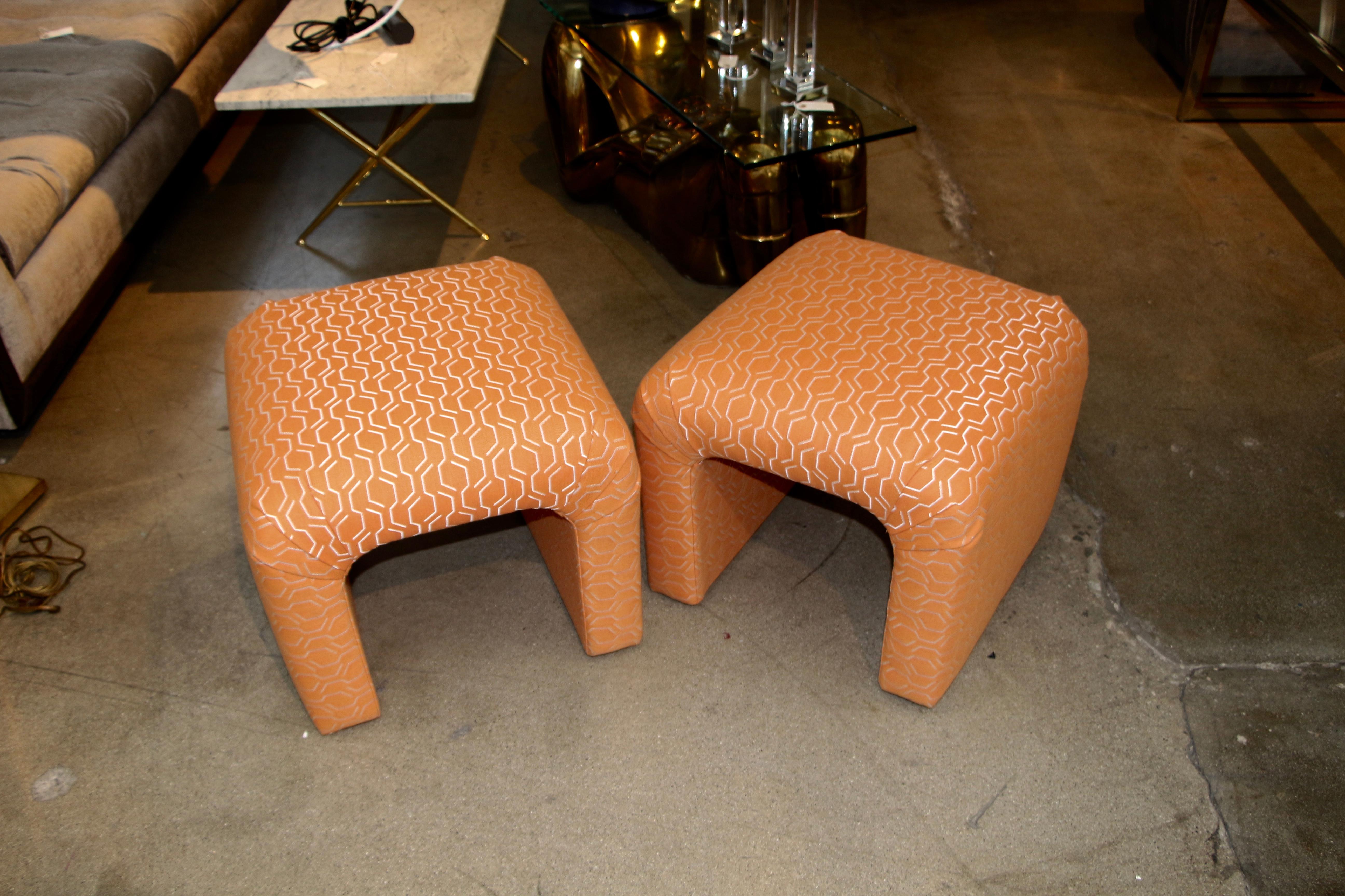 American Pair of Orange Upholstered Ottomans or Stools