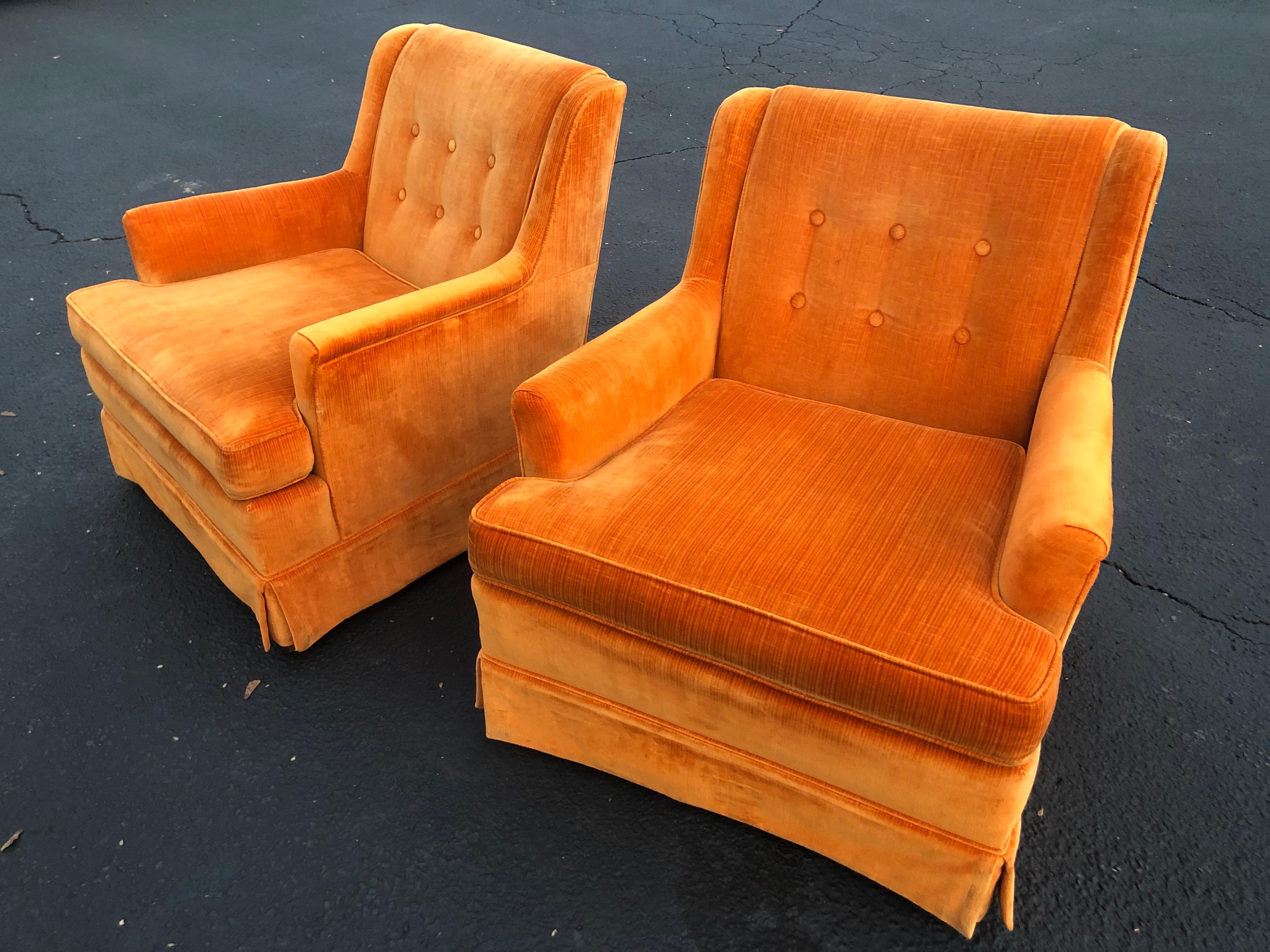 Mid-Century Modern Pair of Orange Velvet Chairs by Woodmark Originals