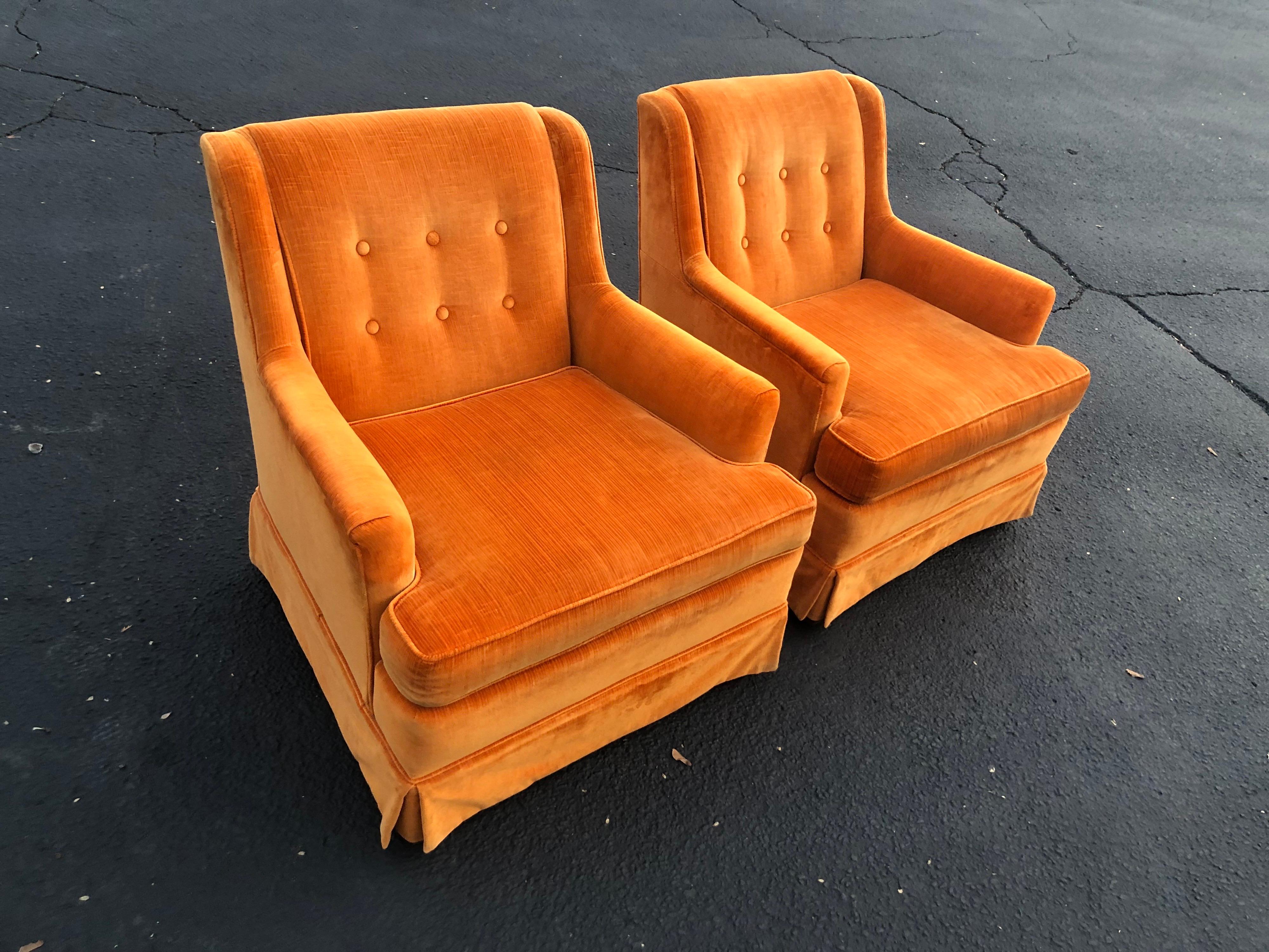 Pair of Orange Velvet Chairs by Woodmark Originals In Good Condition In Redding, CT