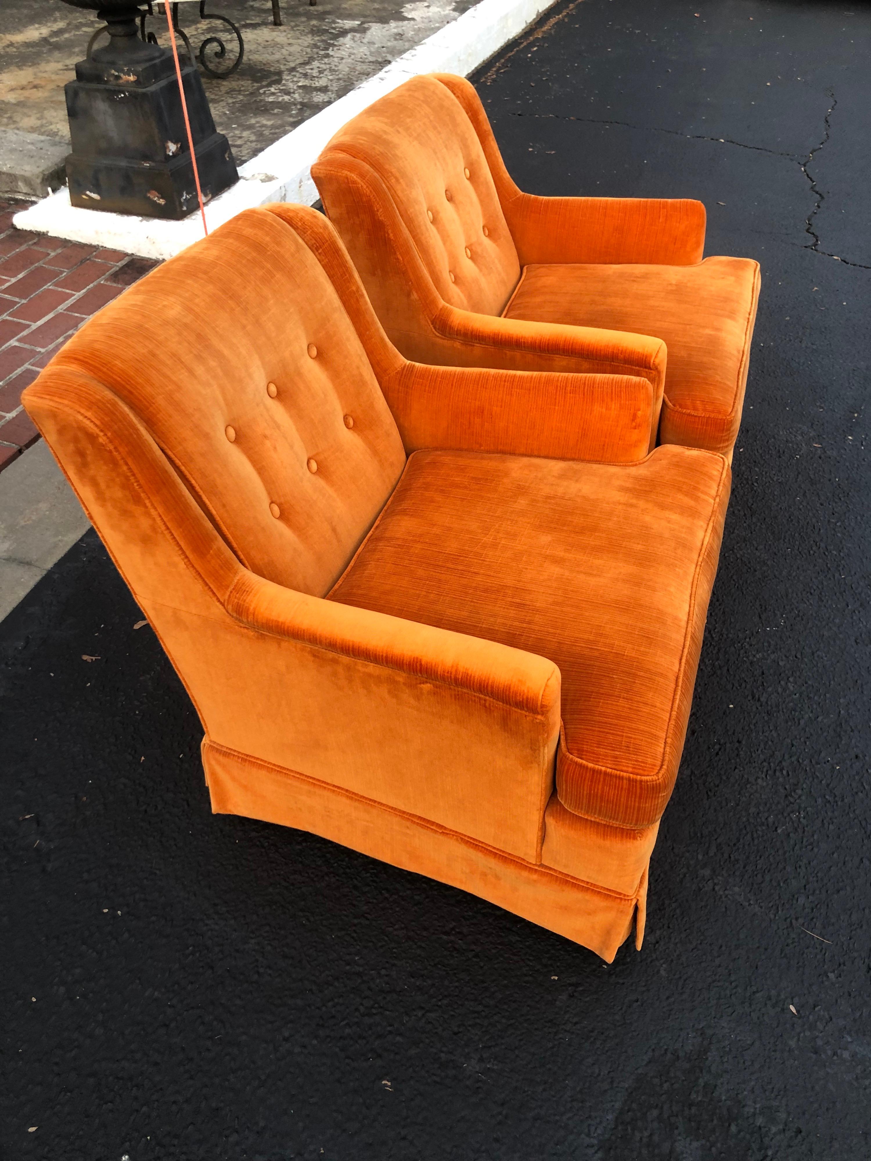 Late 20th Century Pair of Orange Velvet Chairs by Woodmark Originals
