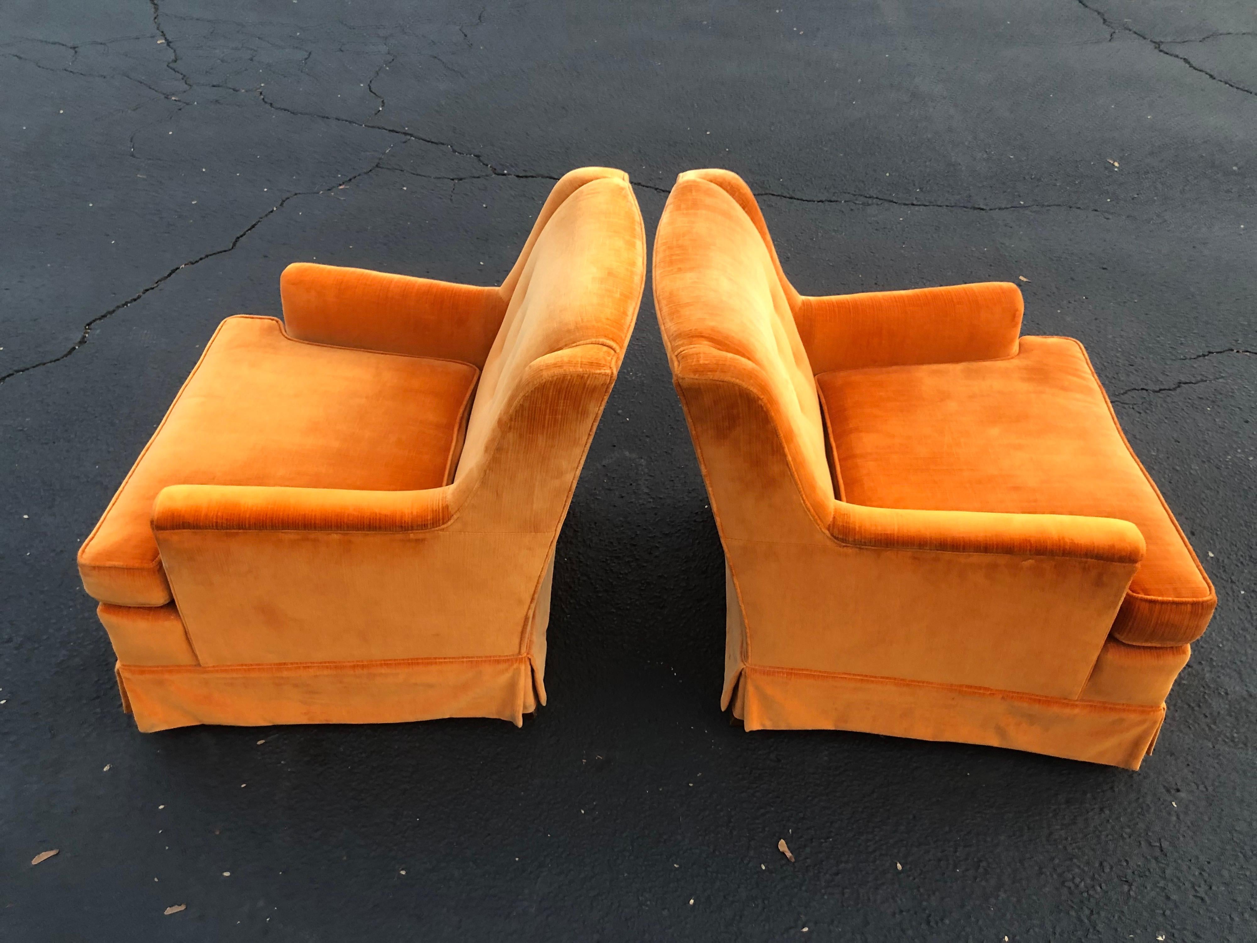 Pair of Orange Velvet Chairs by Woodmark Originals 1