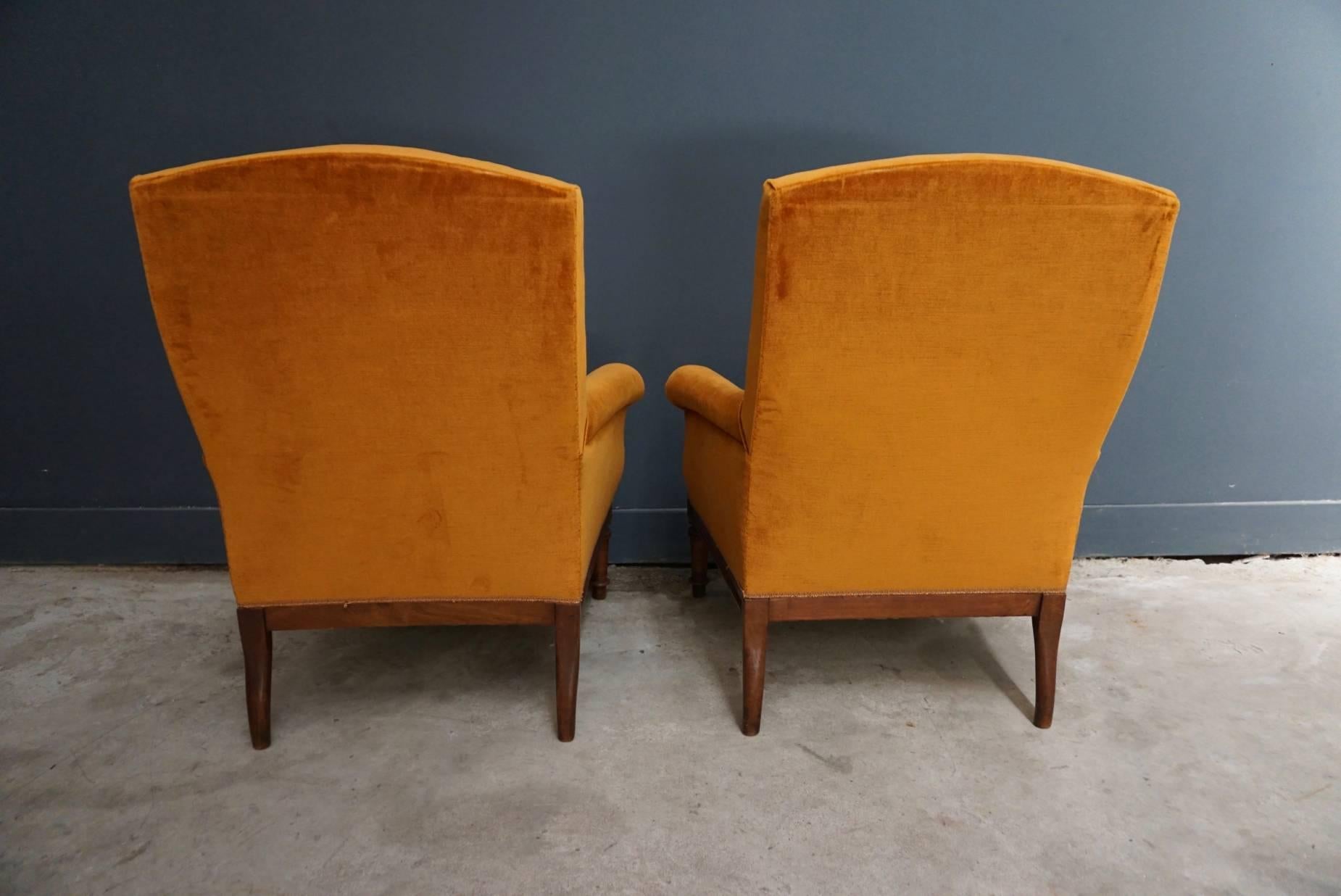 Pair of Orange Velvet French Lounge Chairs Walnut Frame, 1920-1930s 3