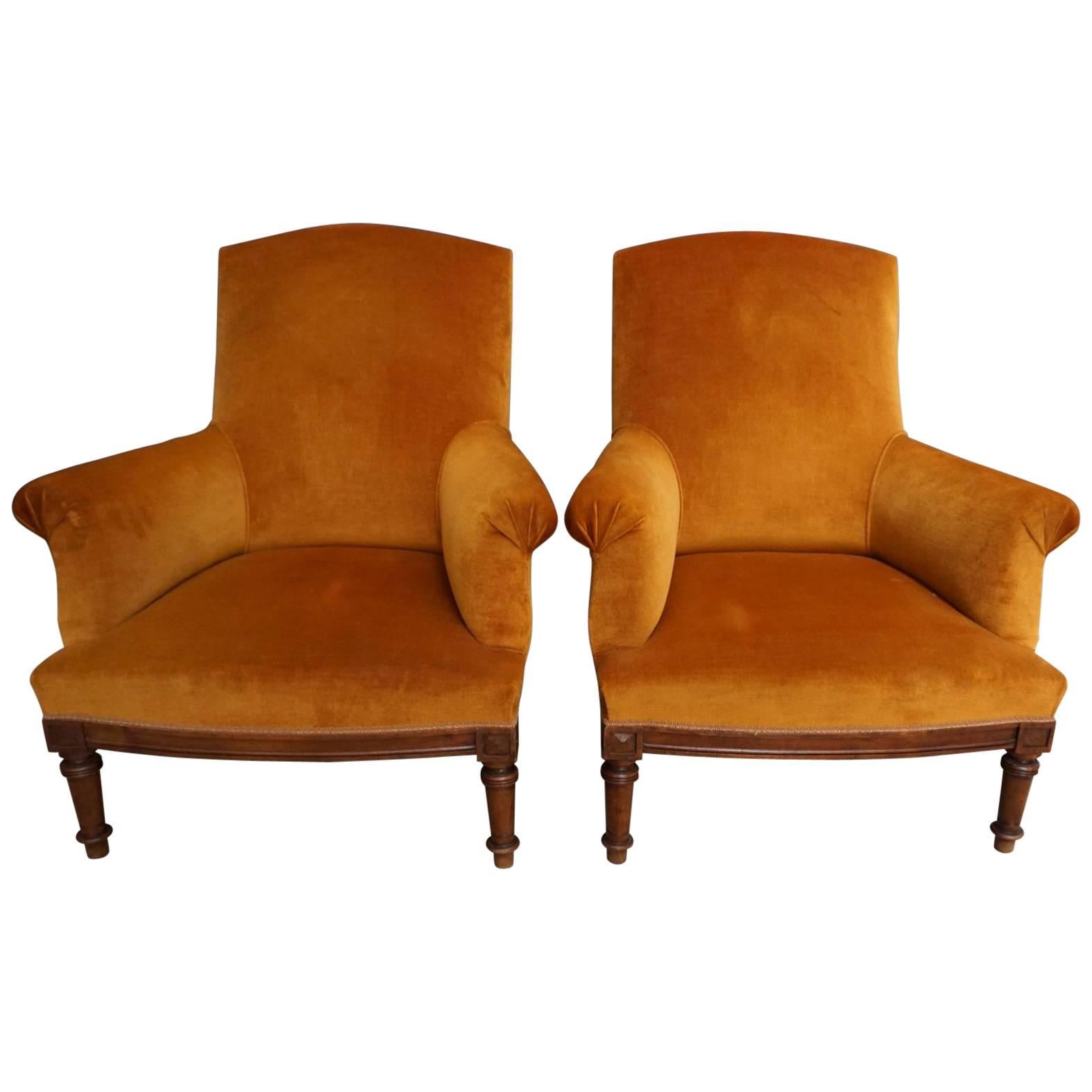 Pair of Orange Velvet French Lounge Chairs Walnut Frame, 1920-1930s