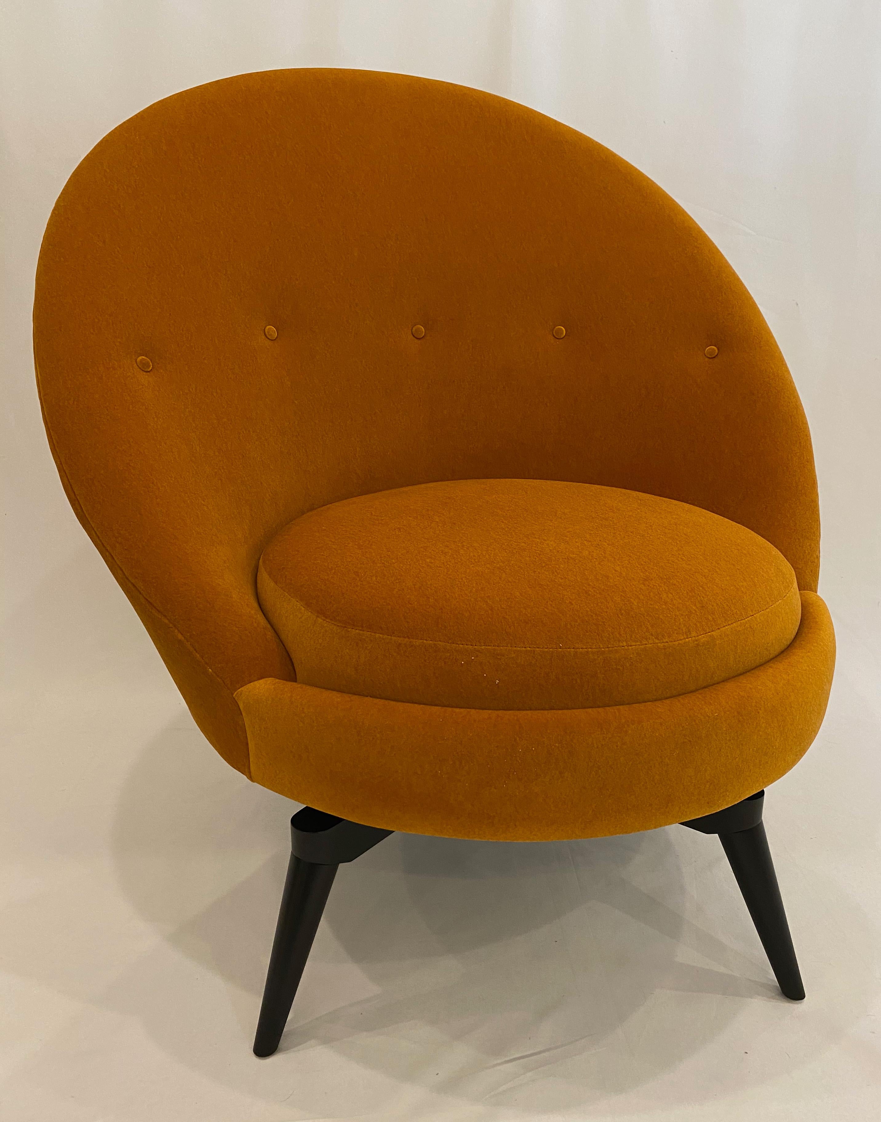 Mid-Century Modern Pair of Orange Mohair Swivel Chairs