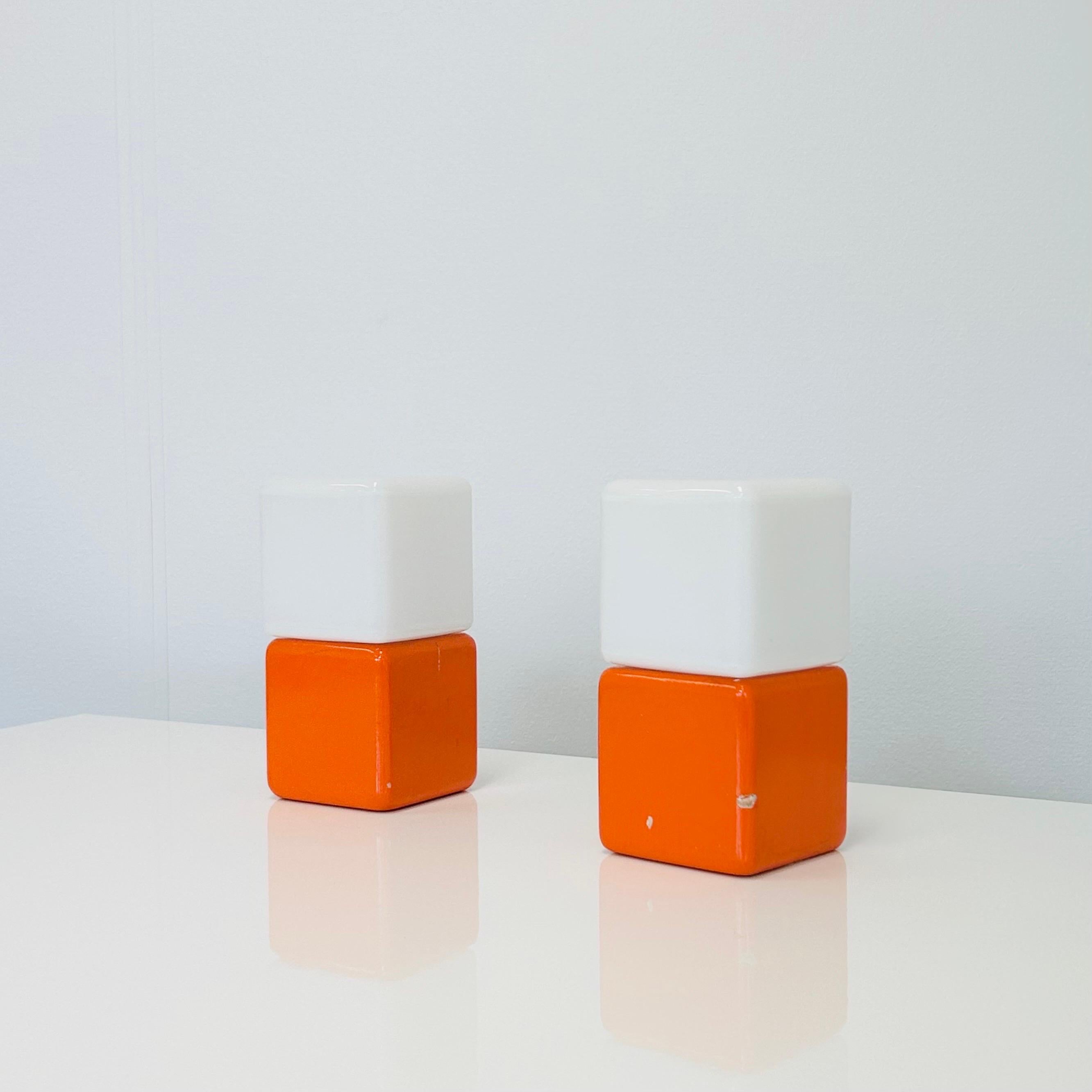 Glass Pair of Orange & White Bed Lamps by Holm Sørensen, 1960s, Denmark For Sale