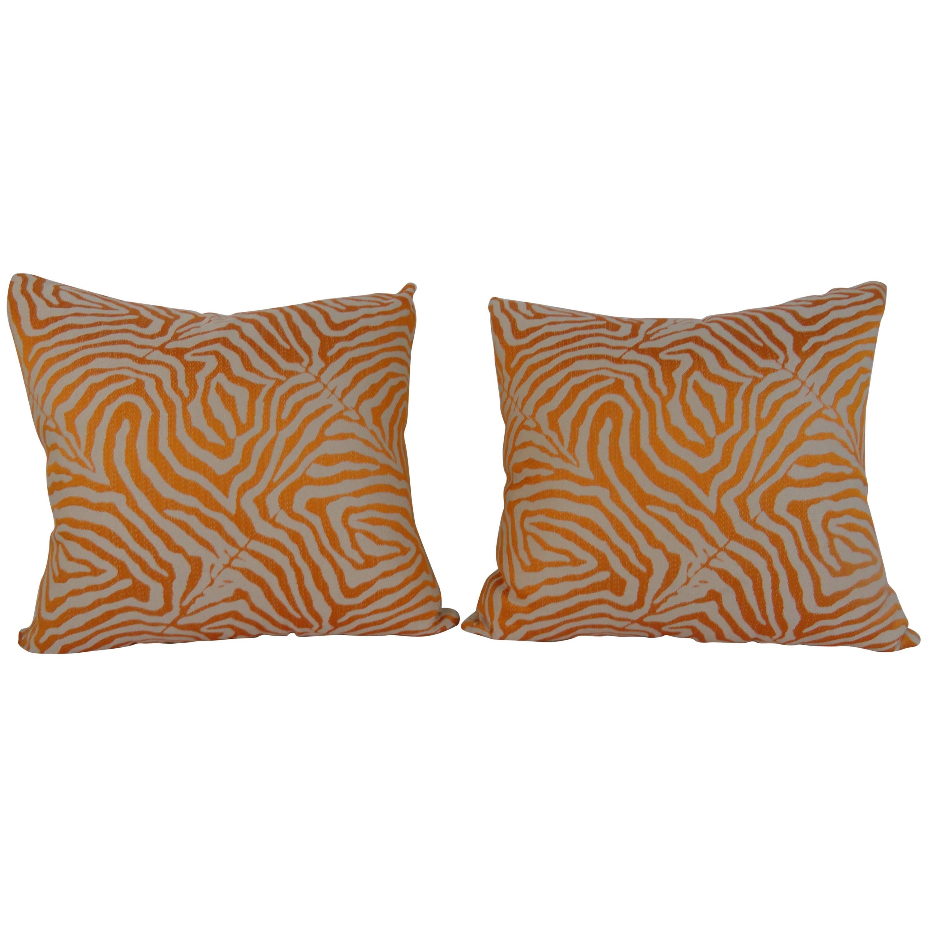 Pair of Orange Zebra Print Pillows For Sale