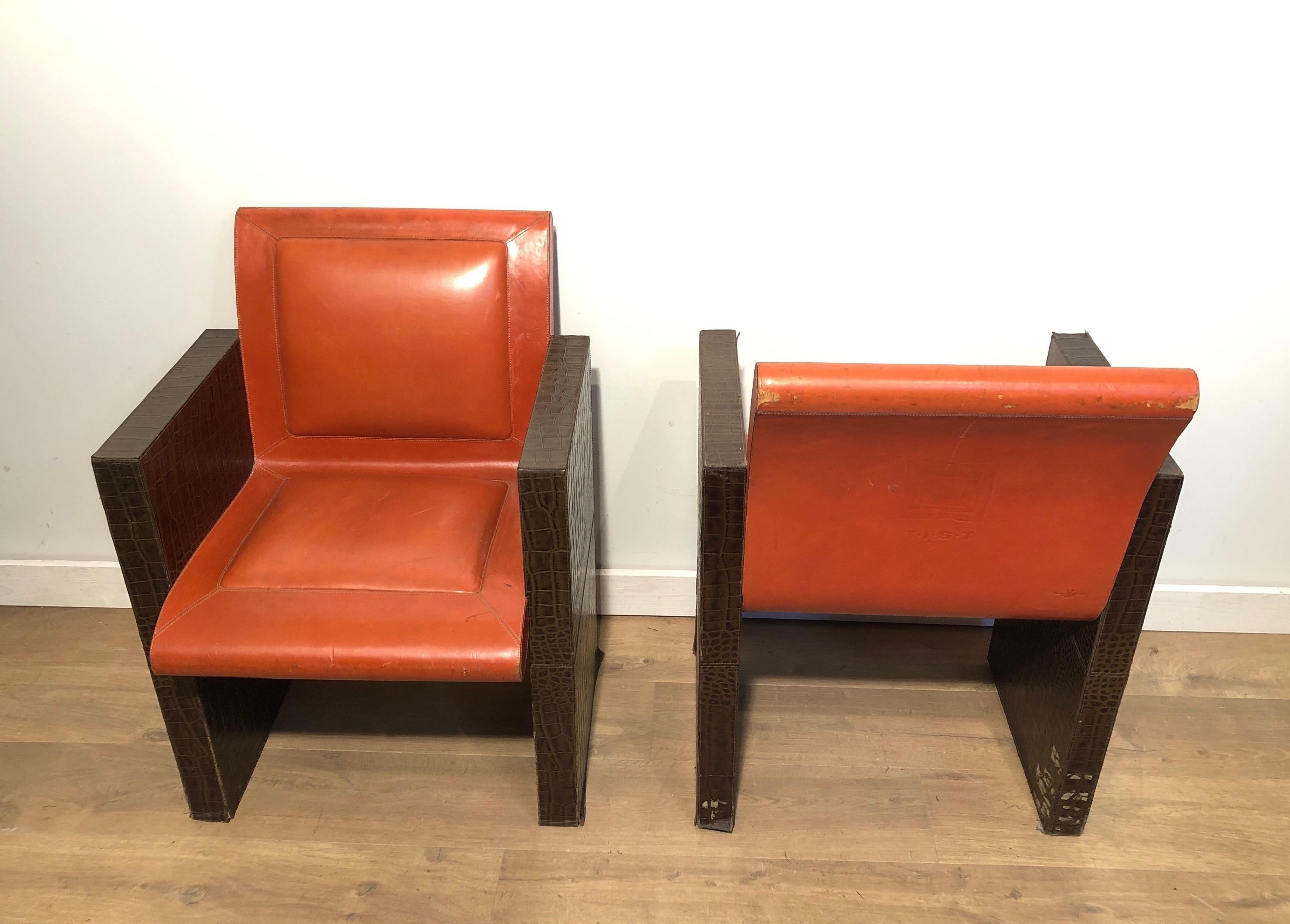 Paar Sessel aus orangefarbenem und braunem Leder (können auch einzeln verkauft werden).  im Angebot 7
