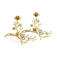 Pair of Orchid Candleholders, Crafted in Brass and White Enamel.