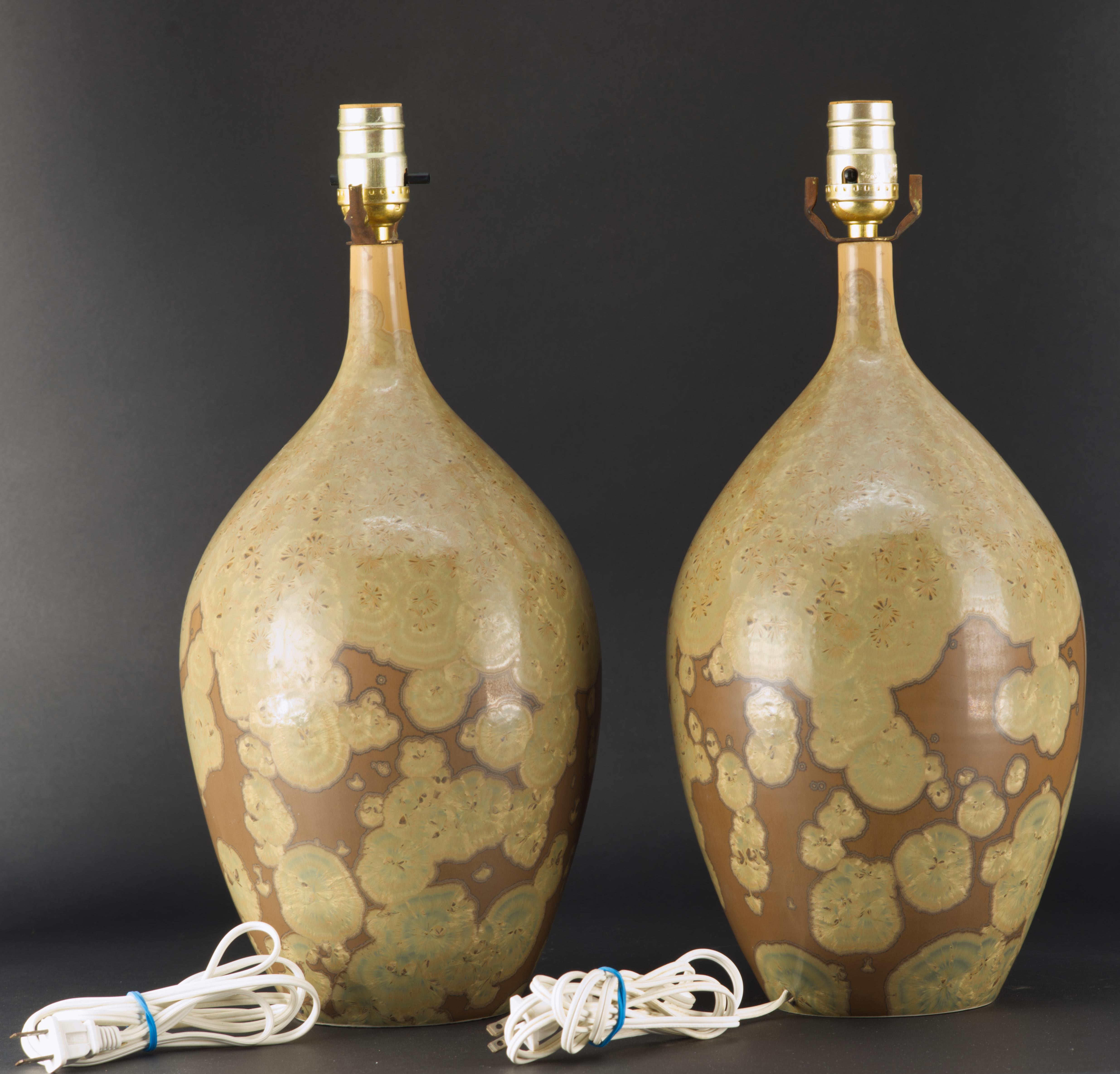 Hand-Crafted Pair of Organic Crystalline Glaze Hand Thrown Ceramic Lamps, American Studio 