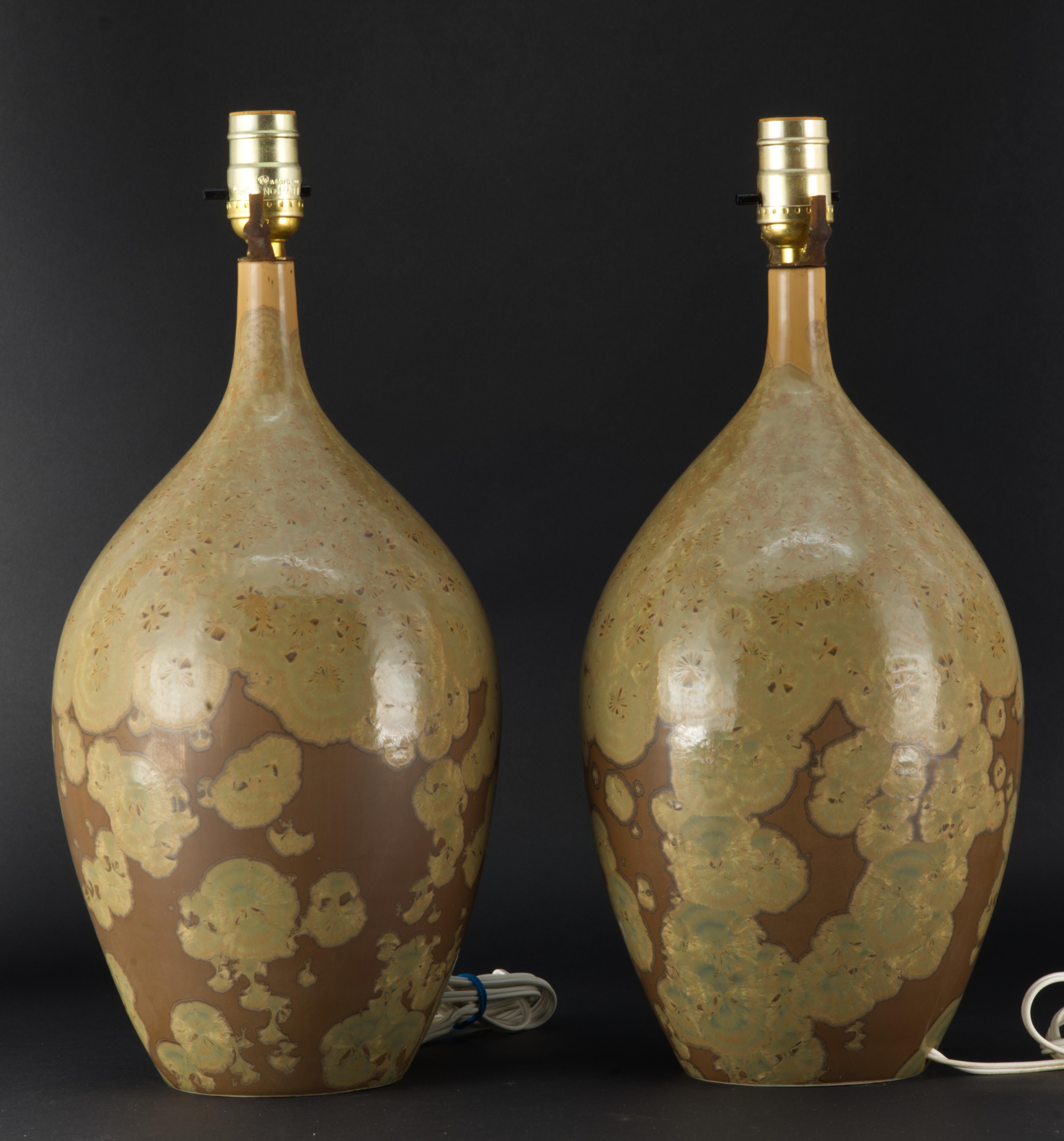 20th Century Pair of Organic Crystalline Glaze Hand Thrown Ceramic Lamps, American Studio 