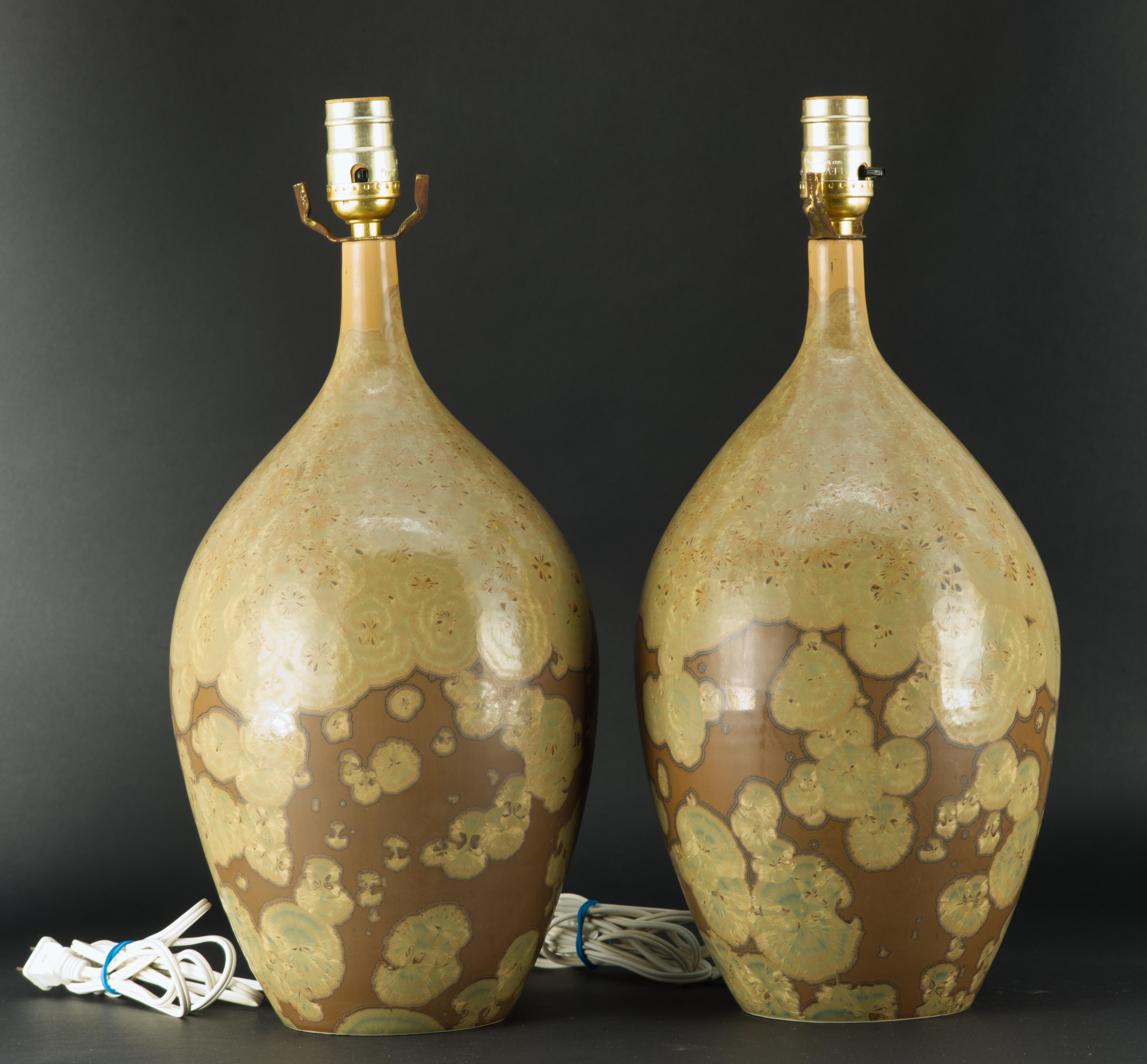 Pottery Pair of Organic Crystalline Glaze Hand Thrown Ceramic Lamps, American Studio 