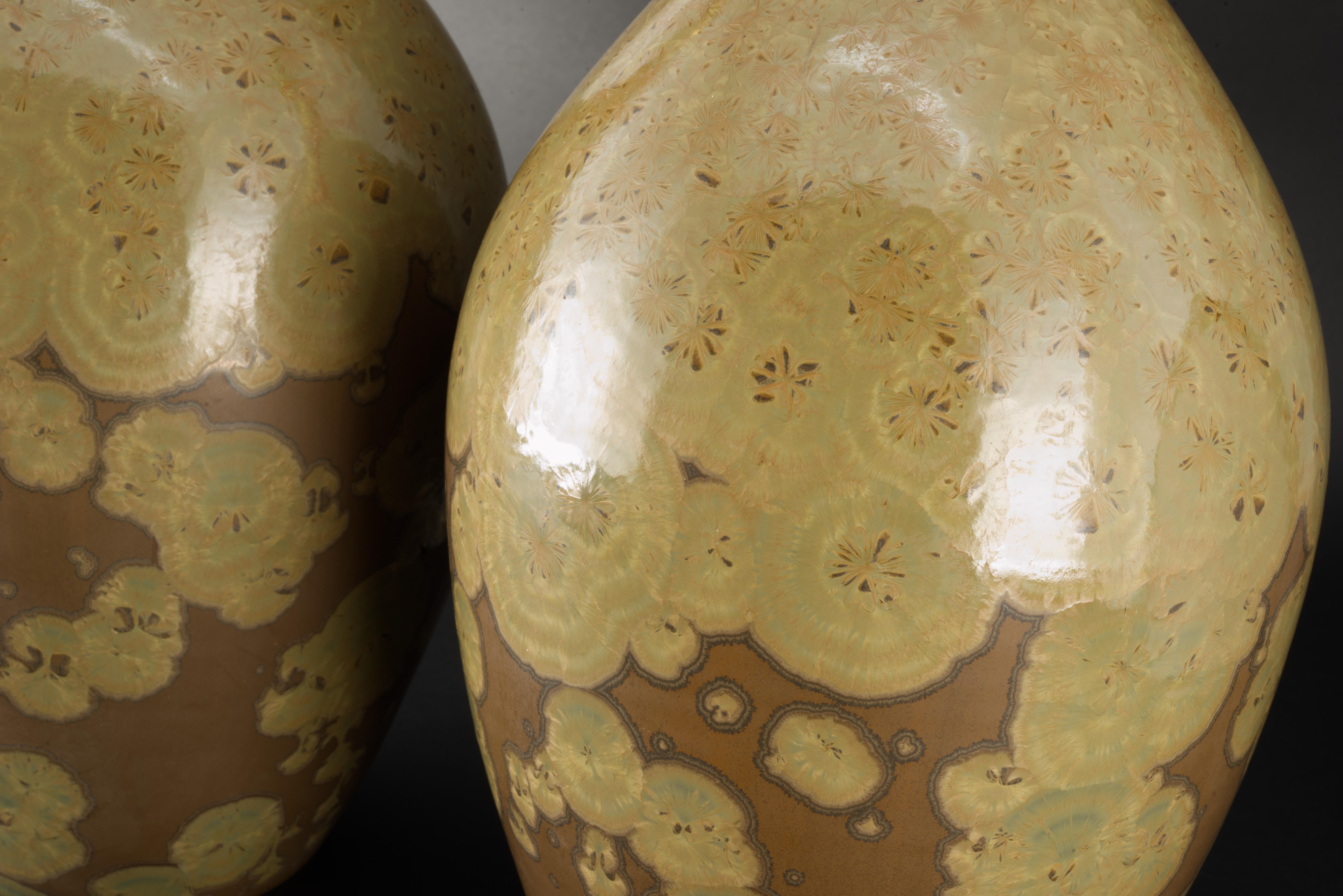 Pair of Organic Crystalline Glaze Hand Thrown Ceramic Lamps, American Studio  For Sale 3