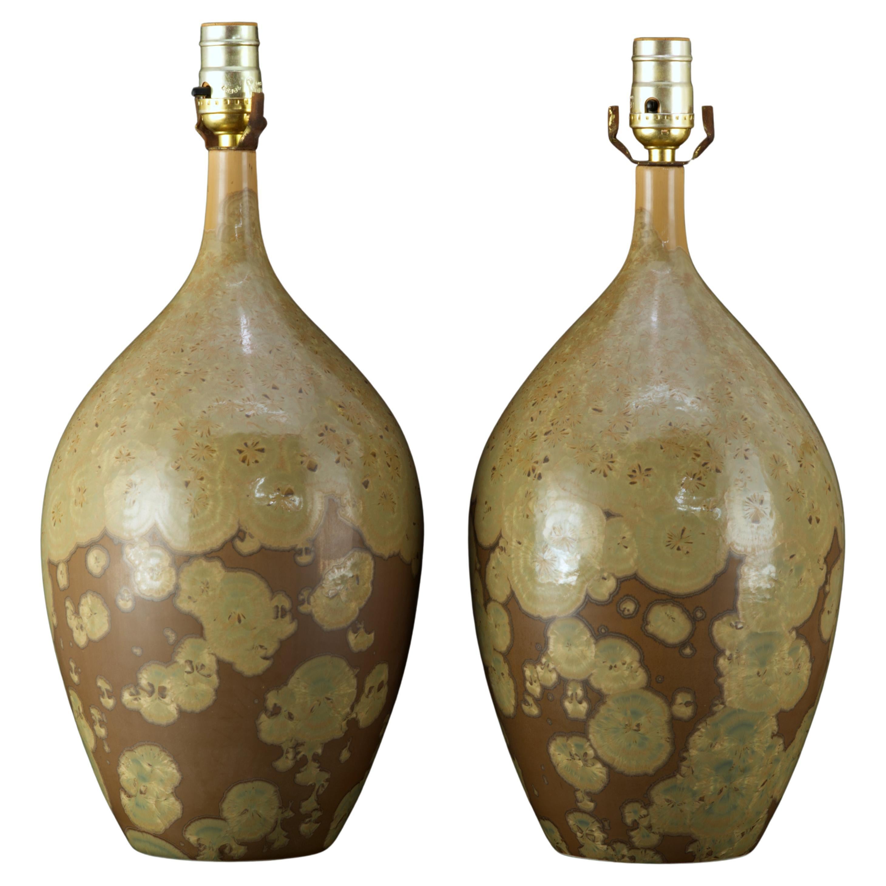 Pair of Organic Crystalline Glaze Hand Thrown Ceramic Lamps, American Studio  For Sale