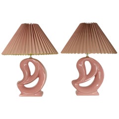 Retro Pair of Organic Form Mauve Ceramic Lamps with Original Pleated Shades