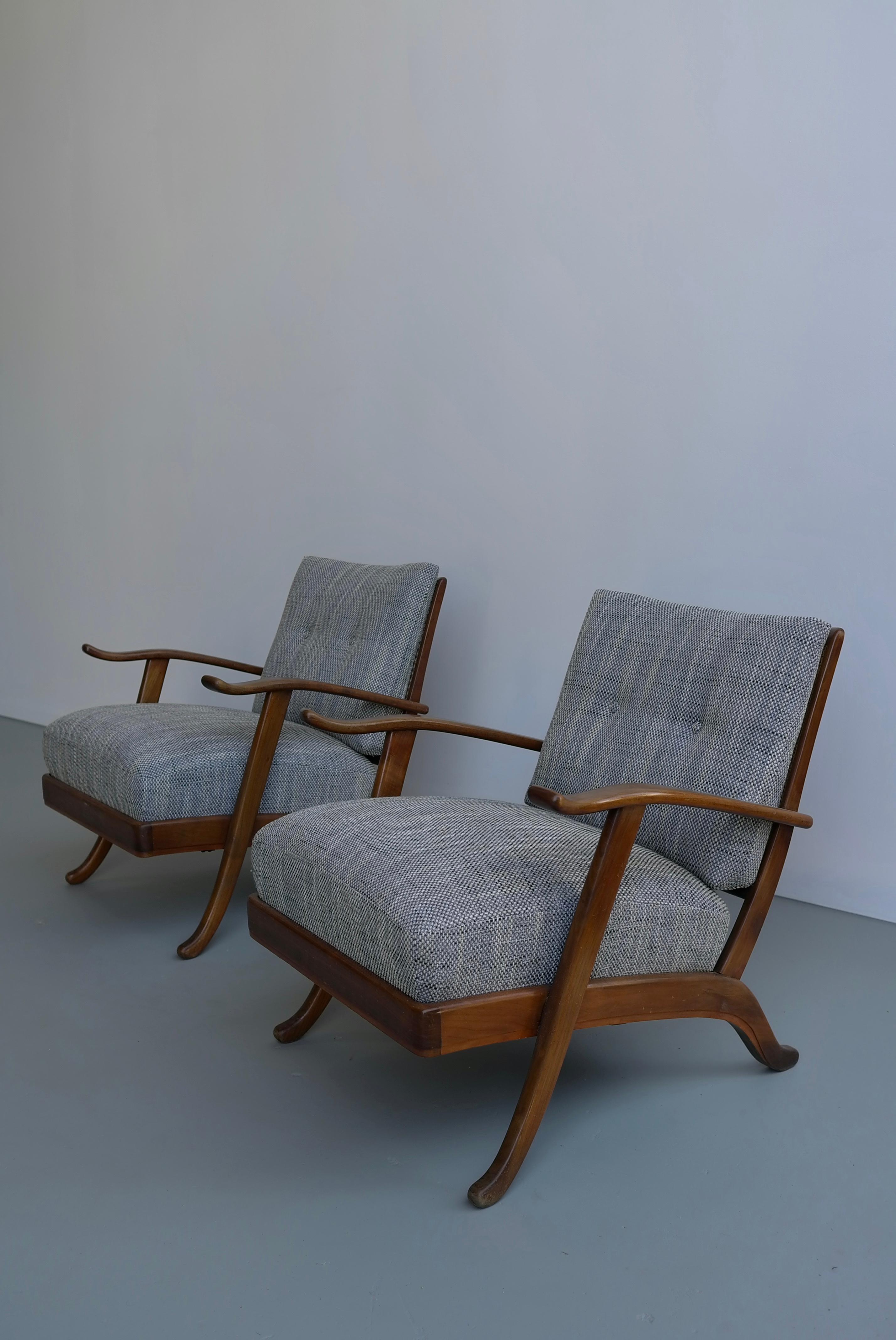 Mid-Century Modern Pair of Organic Lounge Chair in Wood and Wicker, Italy, 1950s