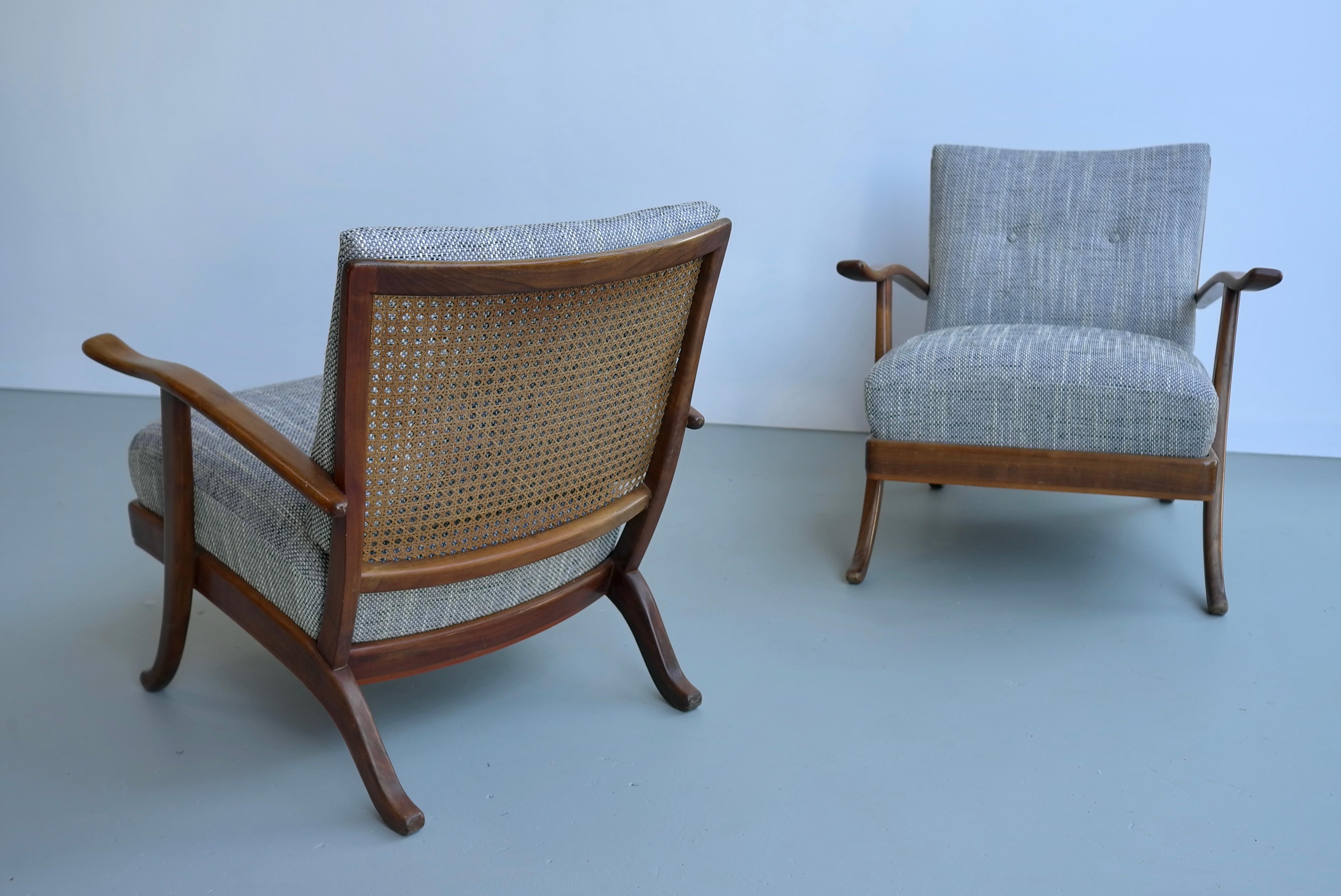 Italian Pair of Organic Lounge Chair in Wood and Wicker, Italy, 1950s