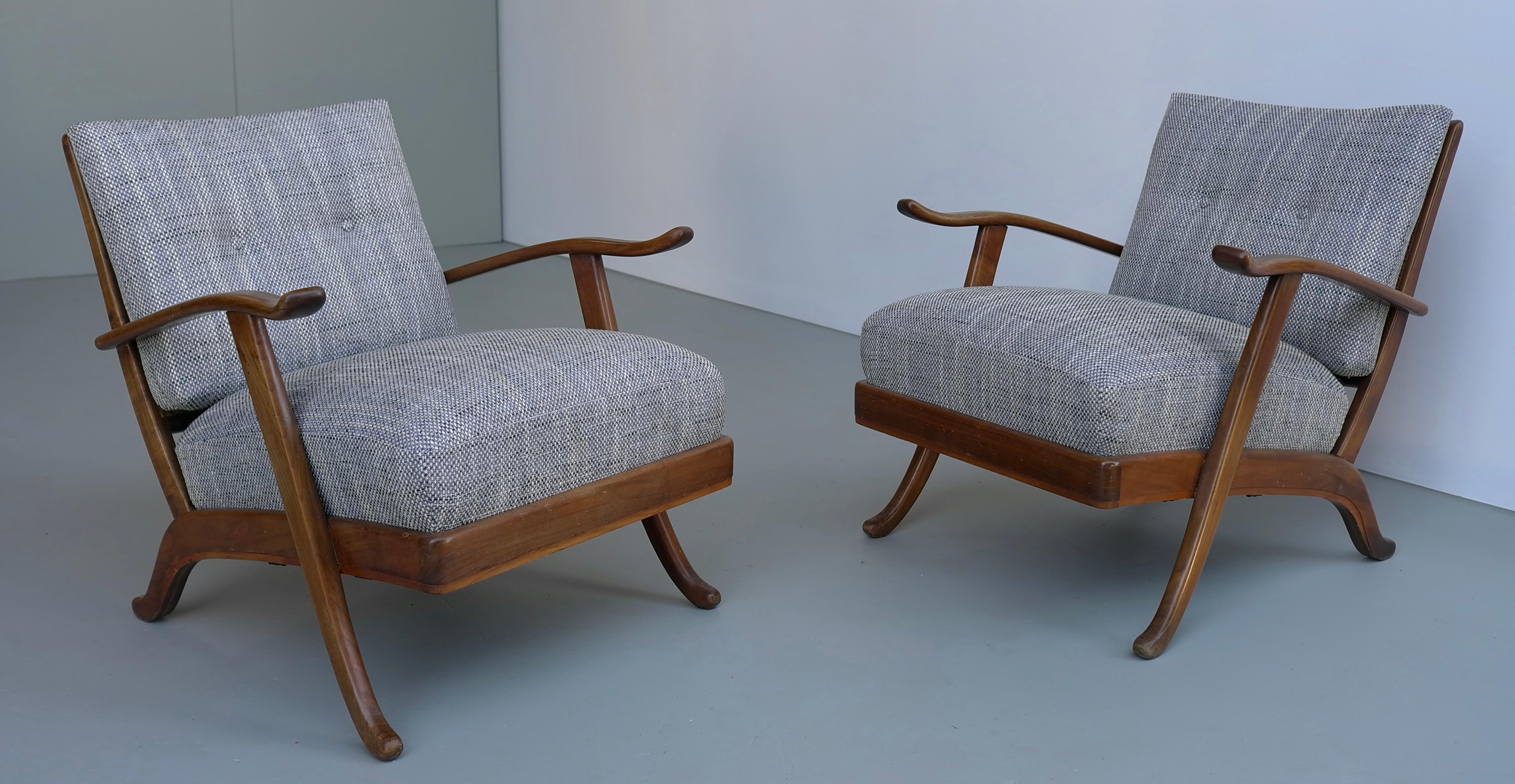 Pair of Organic Lounge Chair in Wood and Wicker, Italy, 1950s 2