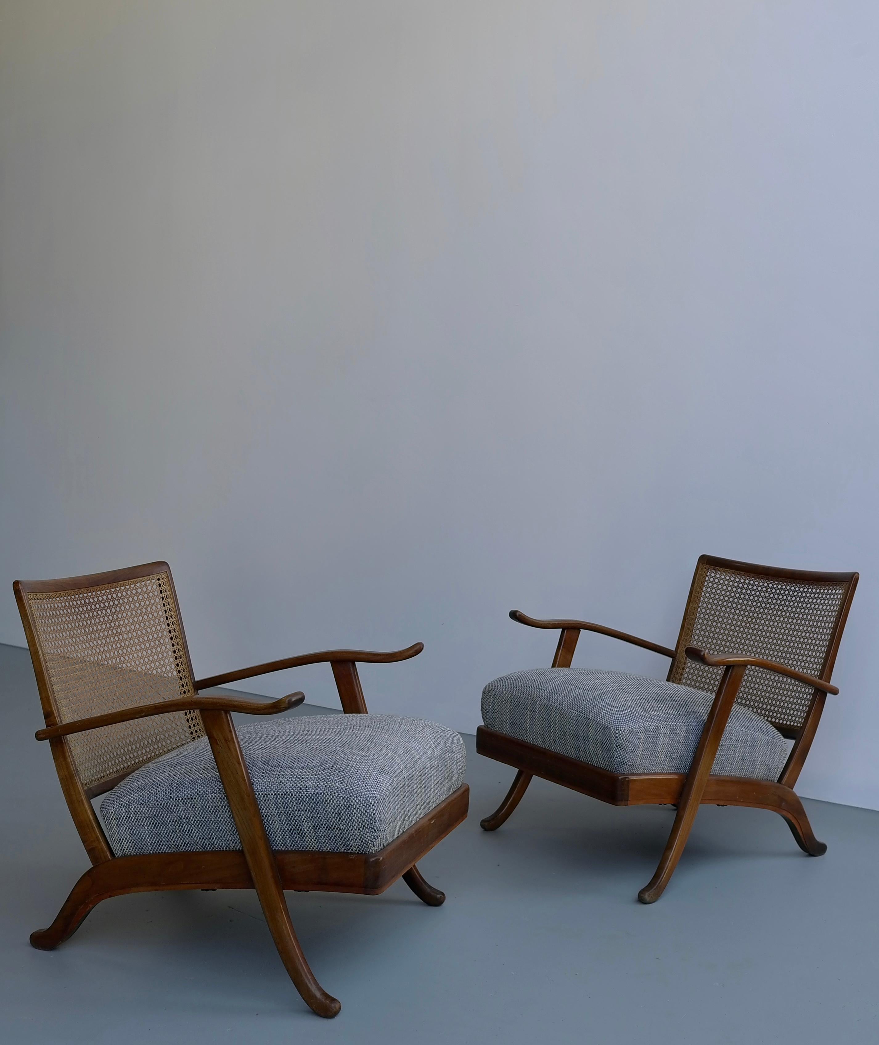 Pair of Organic Lounge Chair in Wood and Wicker, Italy, 1950s 3