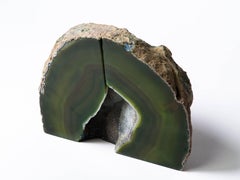 Pair of Organic Modern Agate and Crystal Bookends in Moss Green