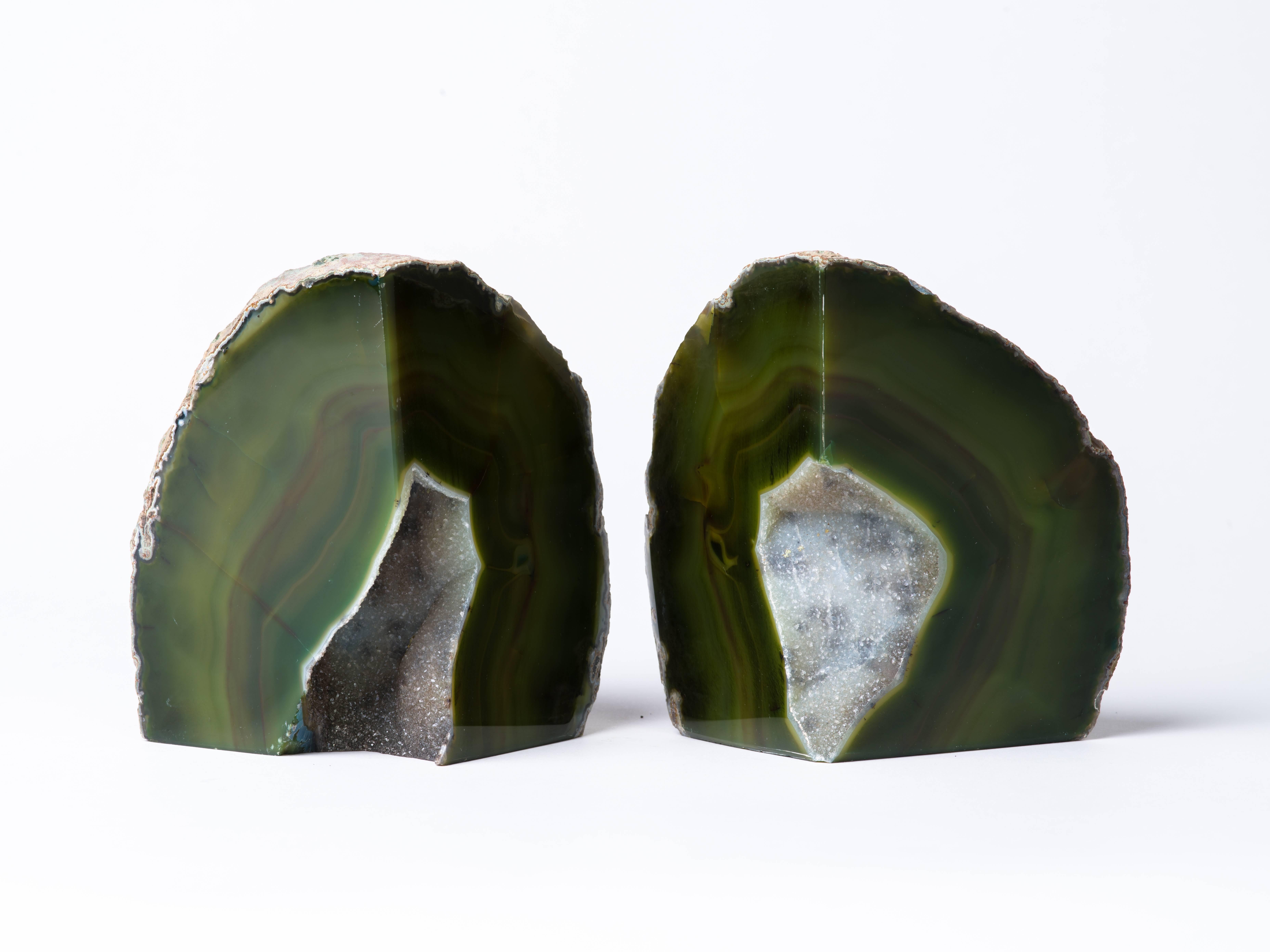 Brazilian Pair of Organic Modern Agate Stone and Crystal Bookends in Moss Green