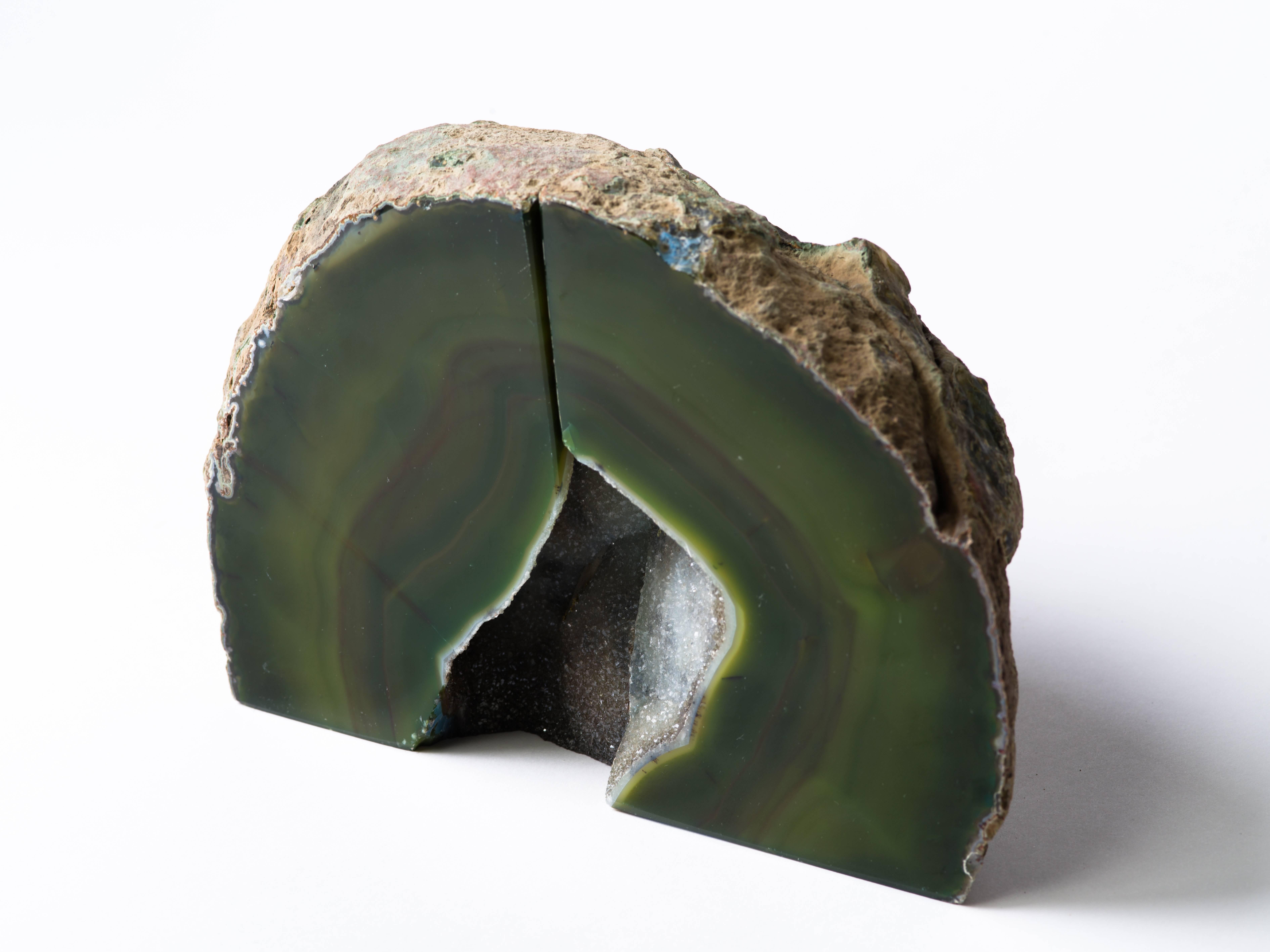 Brazilian Pair of Organic Modern Agate Stone and Crystal Bookends in Moss Green