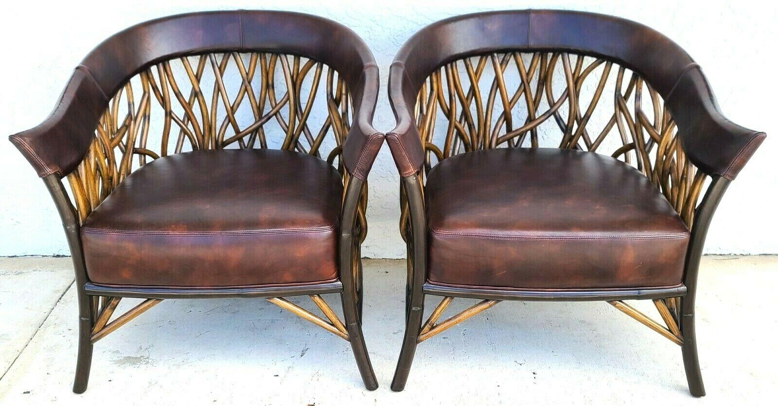 Pair of Organic Modern Bamboo & Leather Club Chairs by PALECEK In Good Condition In Lake Worth, FL