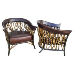 Retro Pair of Organic Modern Bamboo & Leather Club Chairs by PALECEK