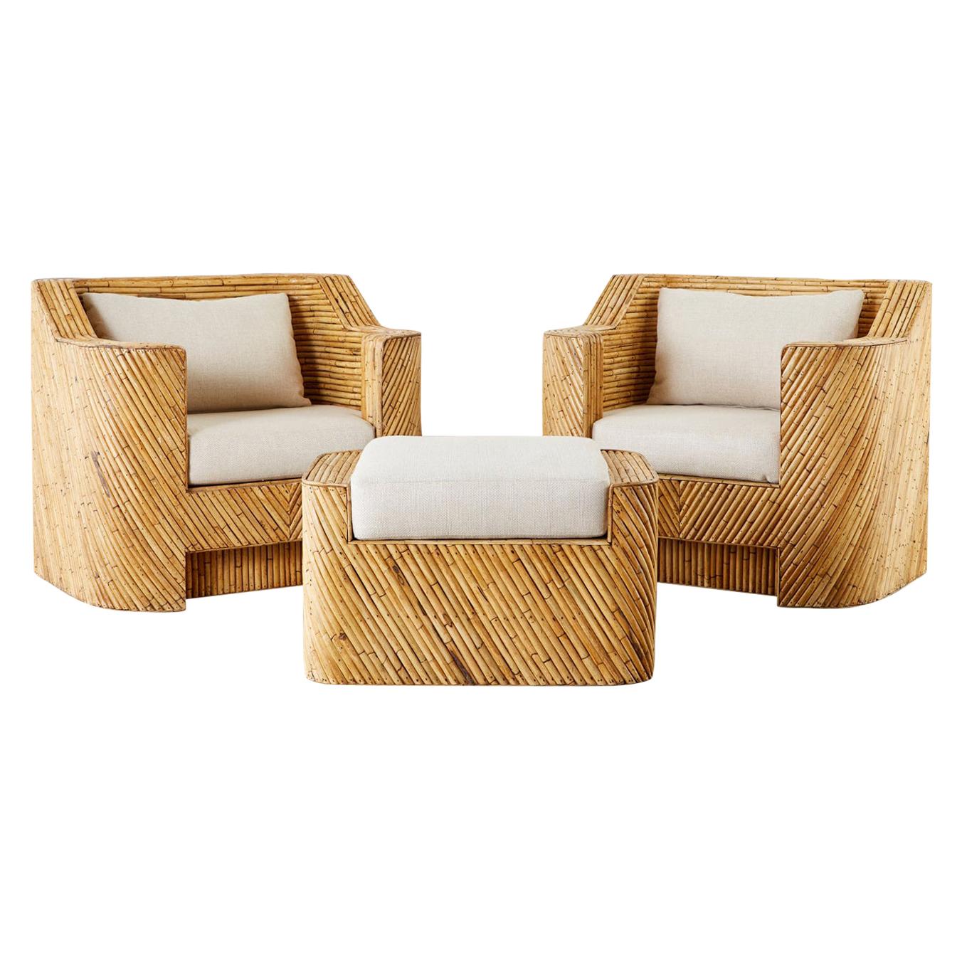 Pair of Organic Modern Bamboo Rattan Lounge Chairs and Ottoman