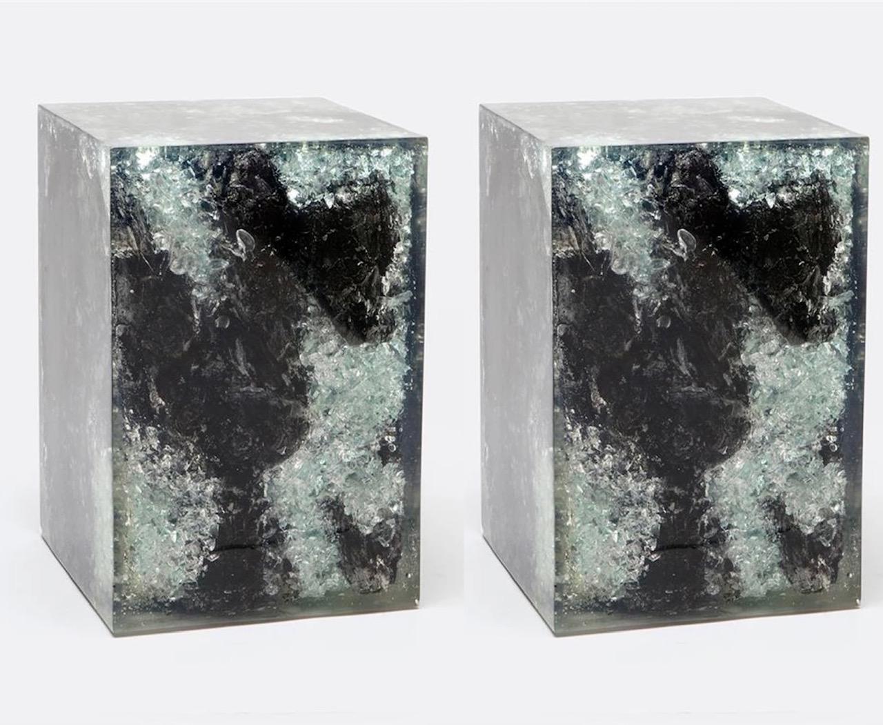 Hand-Crafted Pair of Organic Modern Burnt Black Teak and Resin Side Tables /Stools, Indonesia