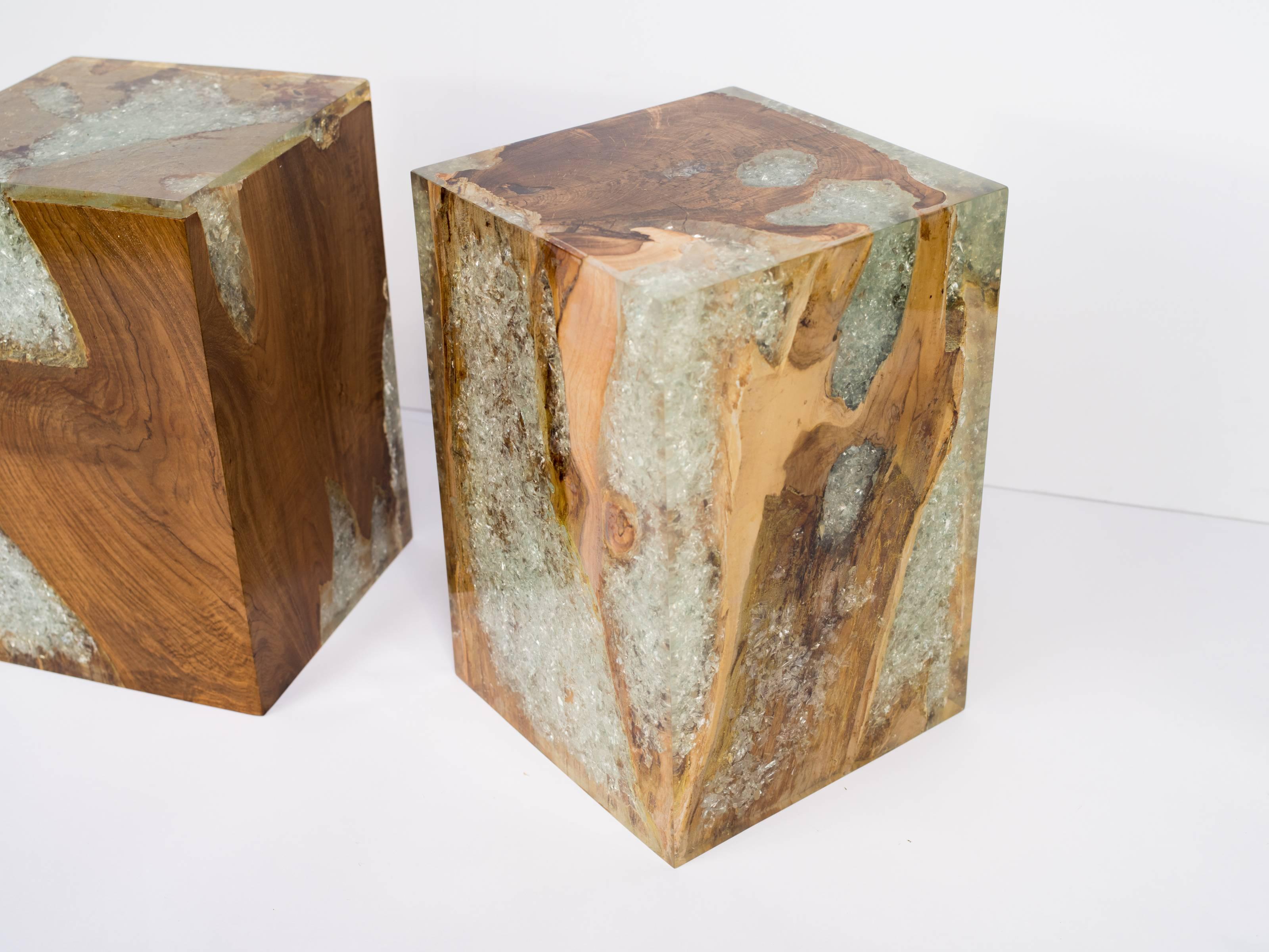 Organic Modern Pair of Bleached Teak Wood and Resin Side Tables or Stools, Indonesia For Sale