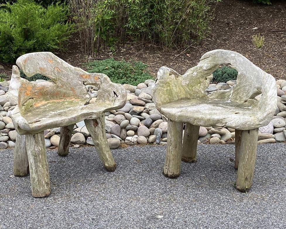 Pair of Organic Modern Carved Raw Wood Armchairs 9