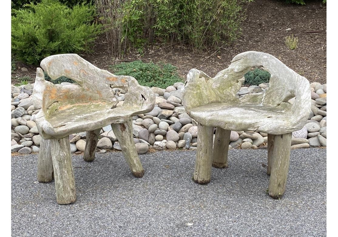 A fine sculptural pair of organic modern armchairs dating from the late 1960’s- Early 1970’s. Rough elemental forms carved from trees with the natural holes and wear and having a time borne patina due to outdoor weathering. With added carved