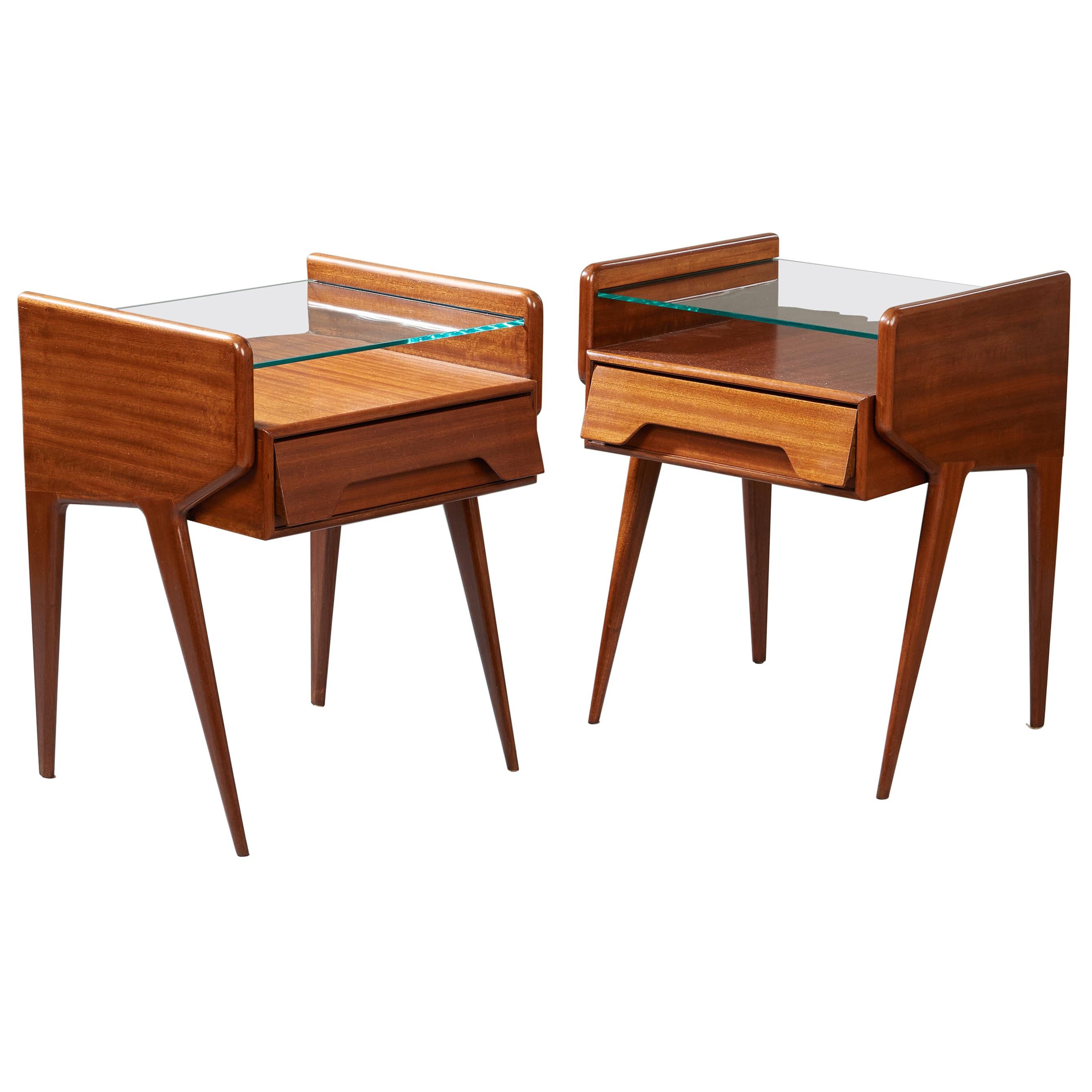 Pair of Organic Modern Mahogany & Glass Nightstands ITSO Ico Parisi, Italy 1950s For Sale