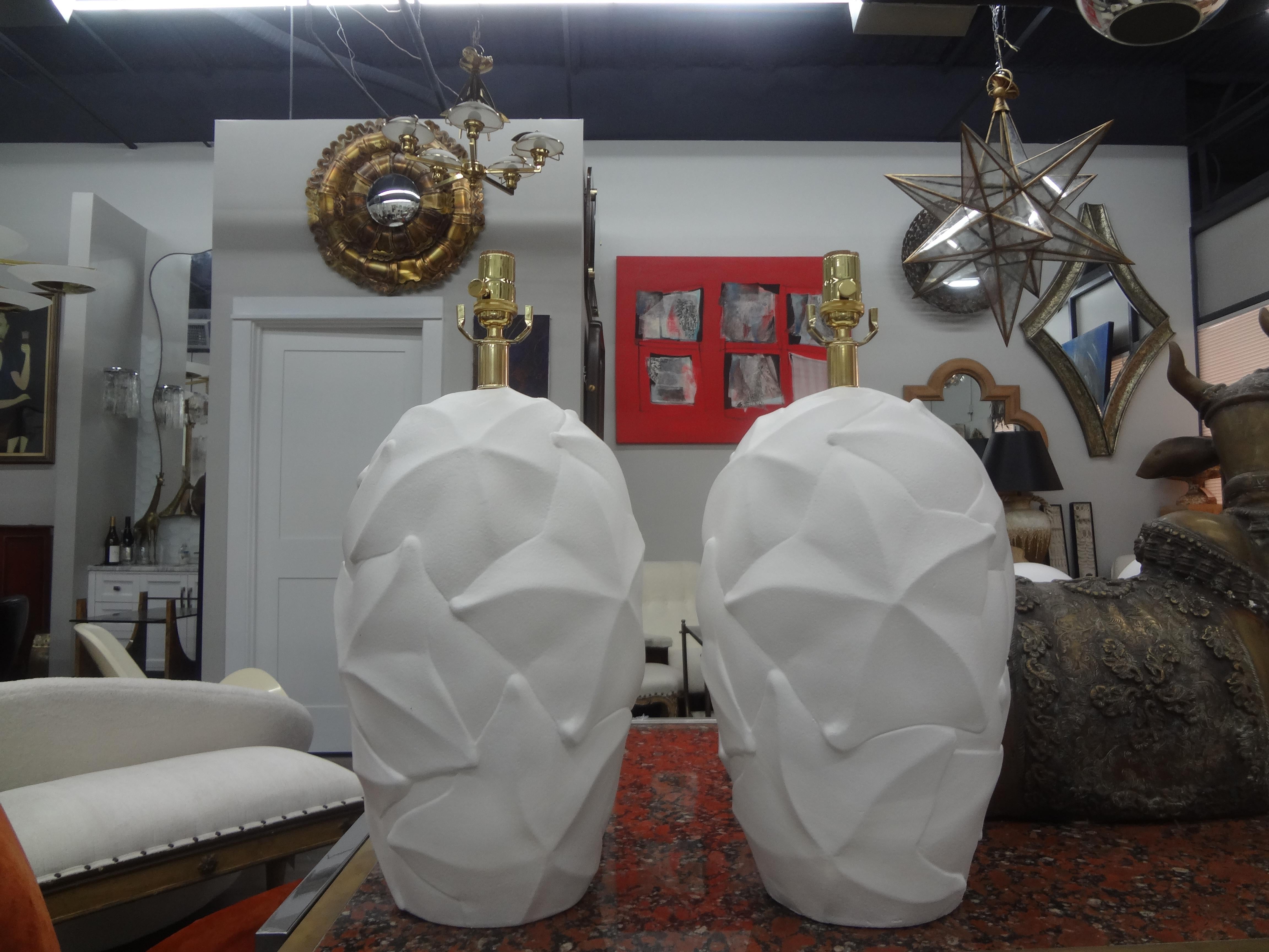 Pair Of Organic Modern Plaster lamps after Dorothy Draper.
Stunning pair of midcentury organic modern plaster lamps in the manner of Serge Roche and Dorothy Draper. This stylish pair of beautifully designed lamps have been newly wired with new