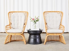 Pair of Organic Modern Rattan High Back Wing Chairs