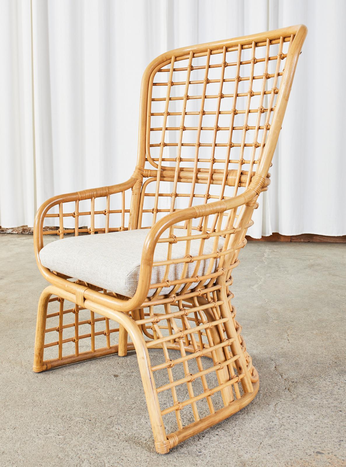 Hand-Crafted Pair of Organic Modern Rattan High Back Wing Chairs