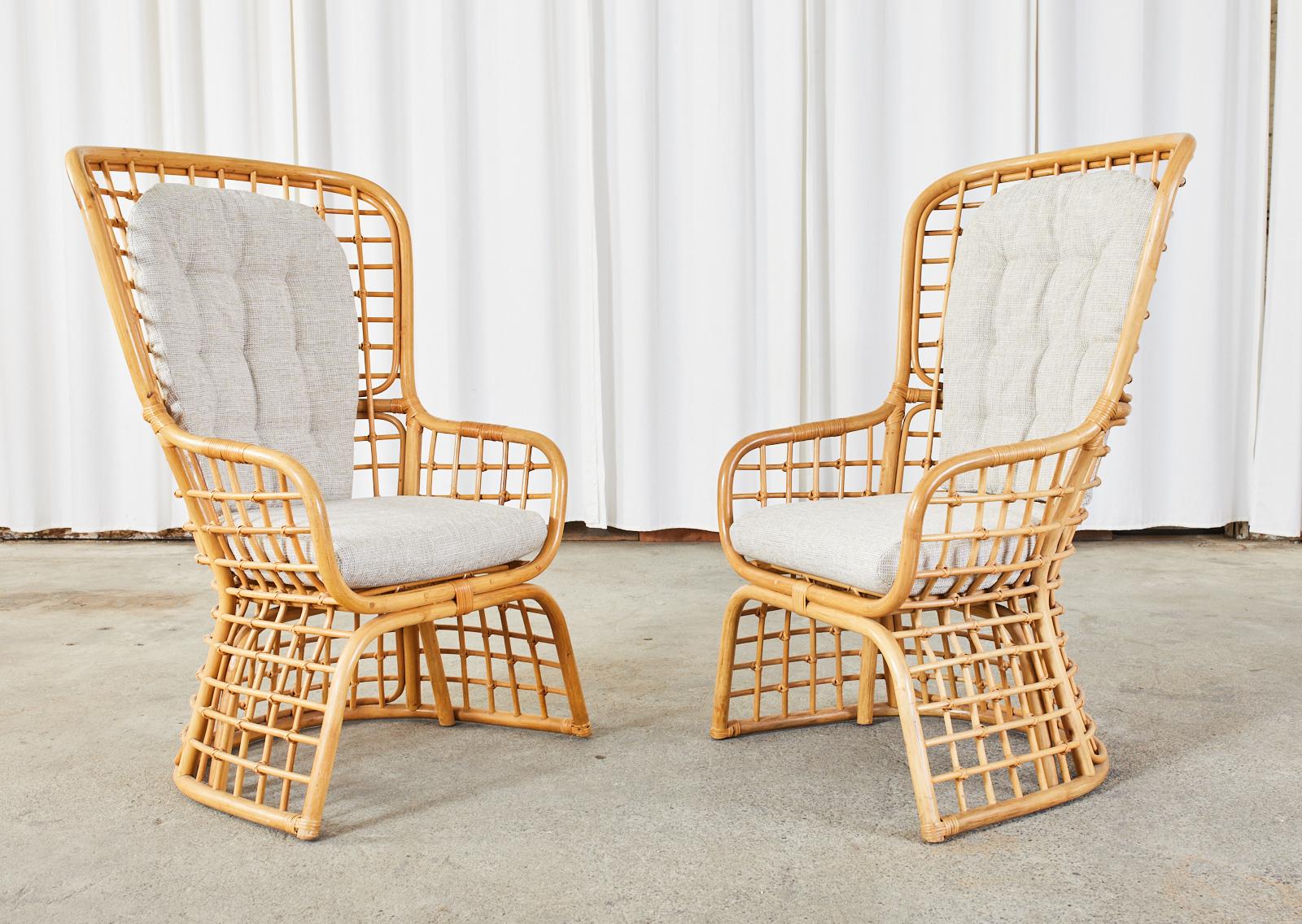 Pair of Organic Modern Rattan High Back Wing Chairs In Good Condition In Rio Vista, CA