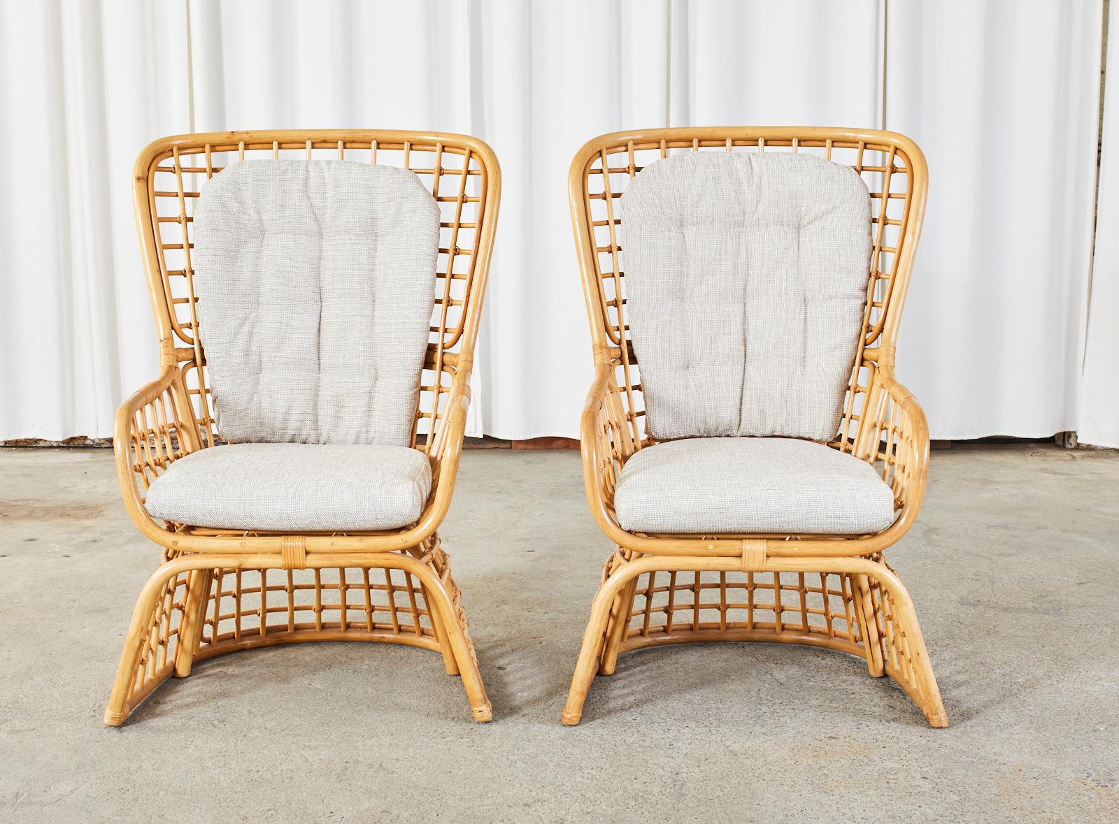 20th Century Pair of Organic Modern Rattan High Back Wing Chairs