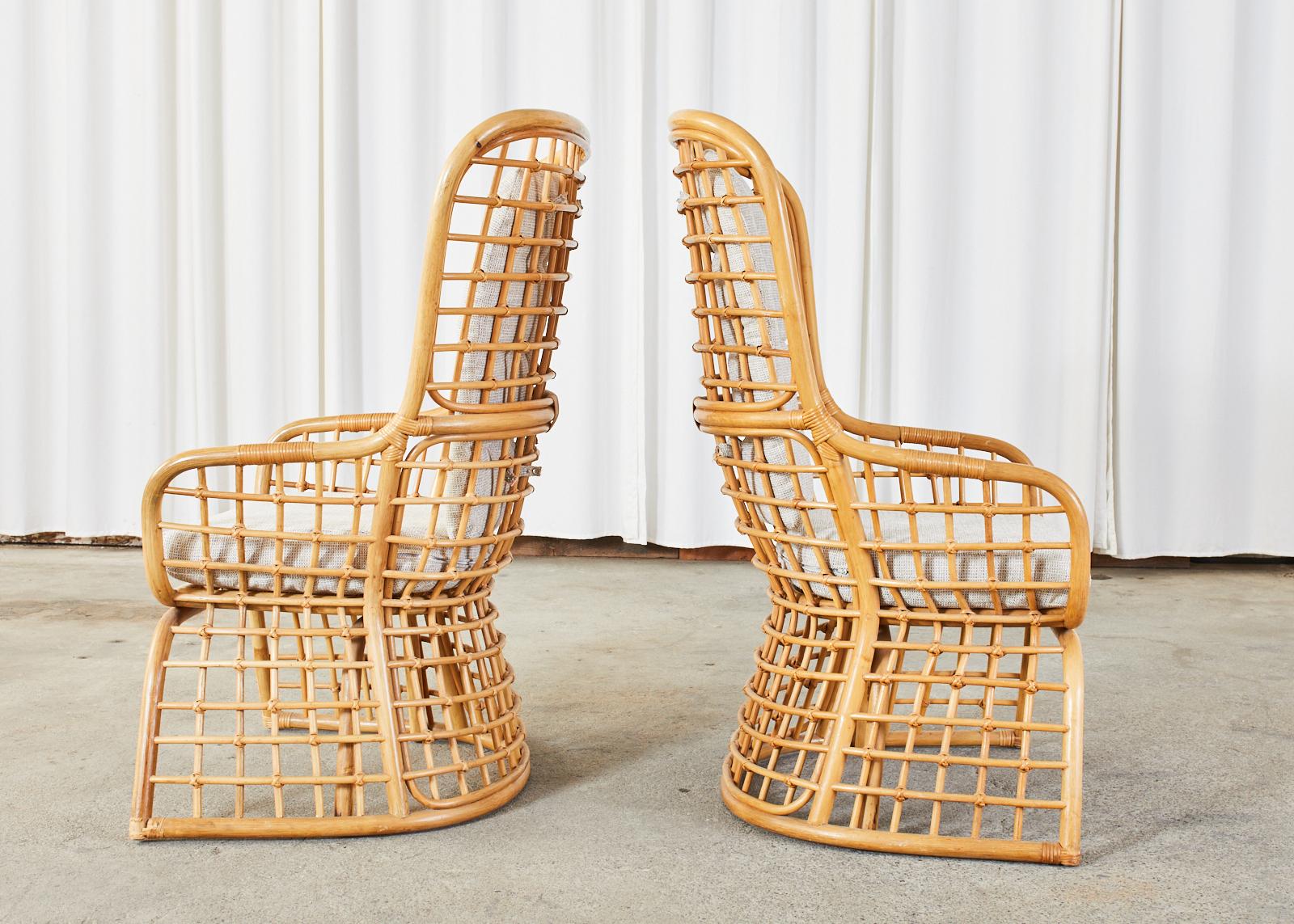 Bamboo Pair of Organic Modern Rattan High Back Wing Chairs
