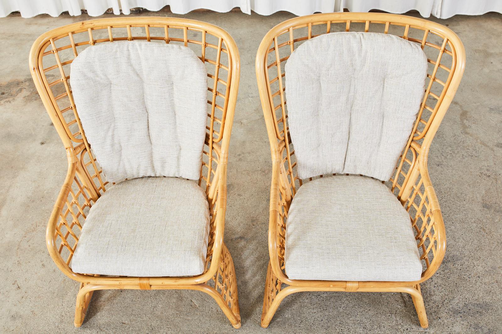 Pair of Organic Modern Rattan High Back Wing Chairs 1