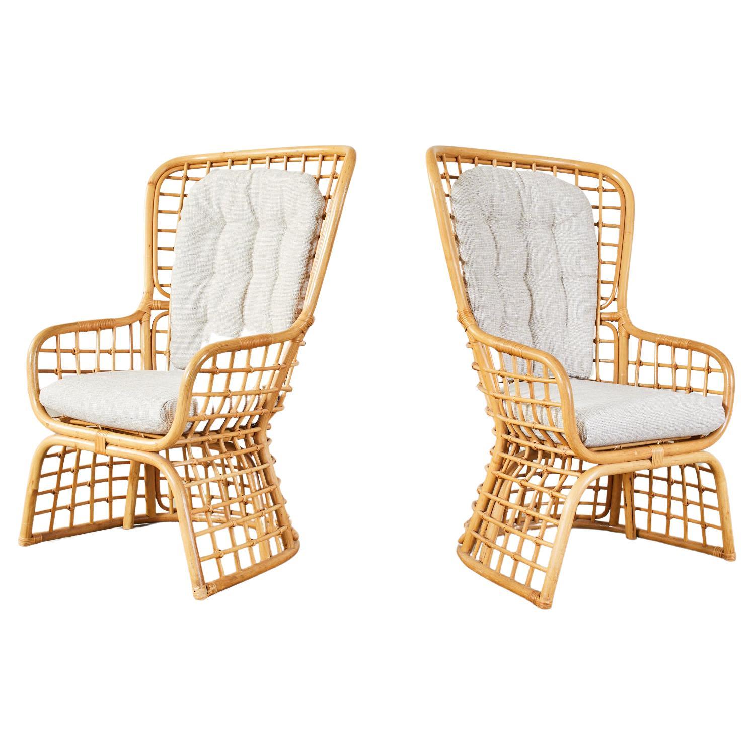 Pair of Organic Modern Rattan High Back Wing Chairs