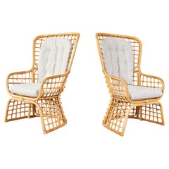 Pair of Organic Modern Rattan High Back Wing Chairs