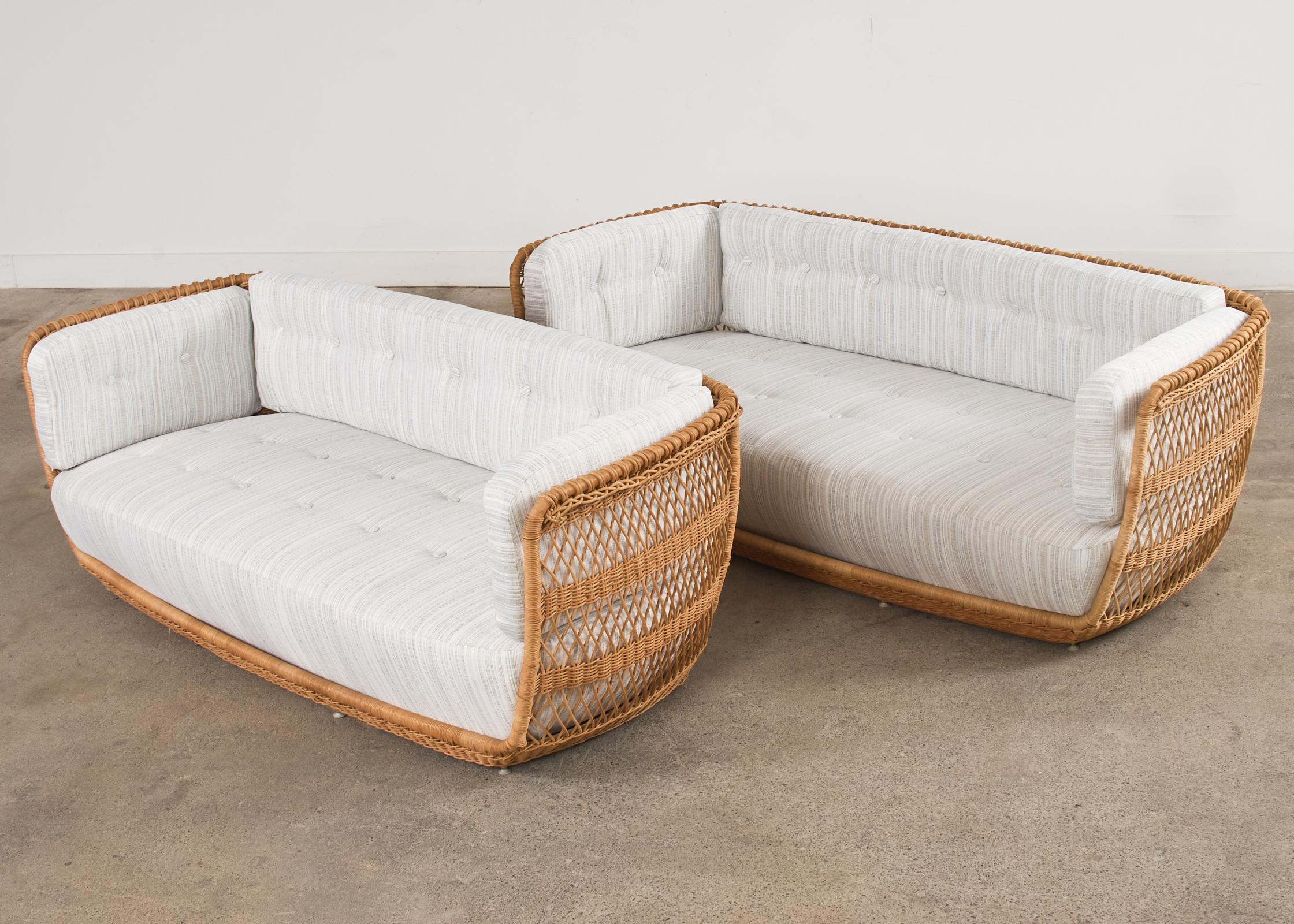 Hand-Crafted Pair of Organic Modern Rattan Wicker Basket Sofa Settees For Sale